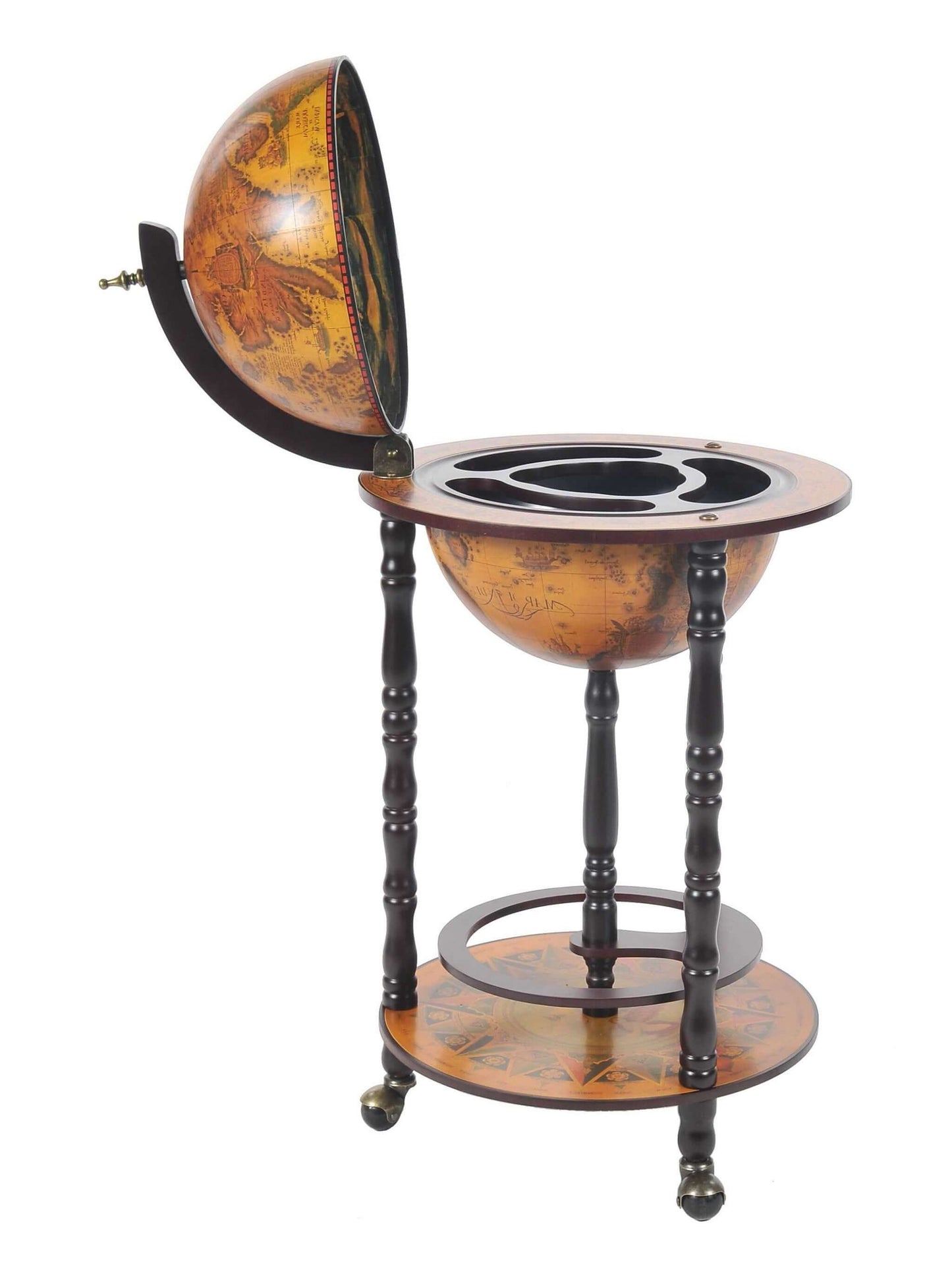 Side view of Globe Bar Table open cabinet