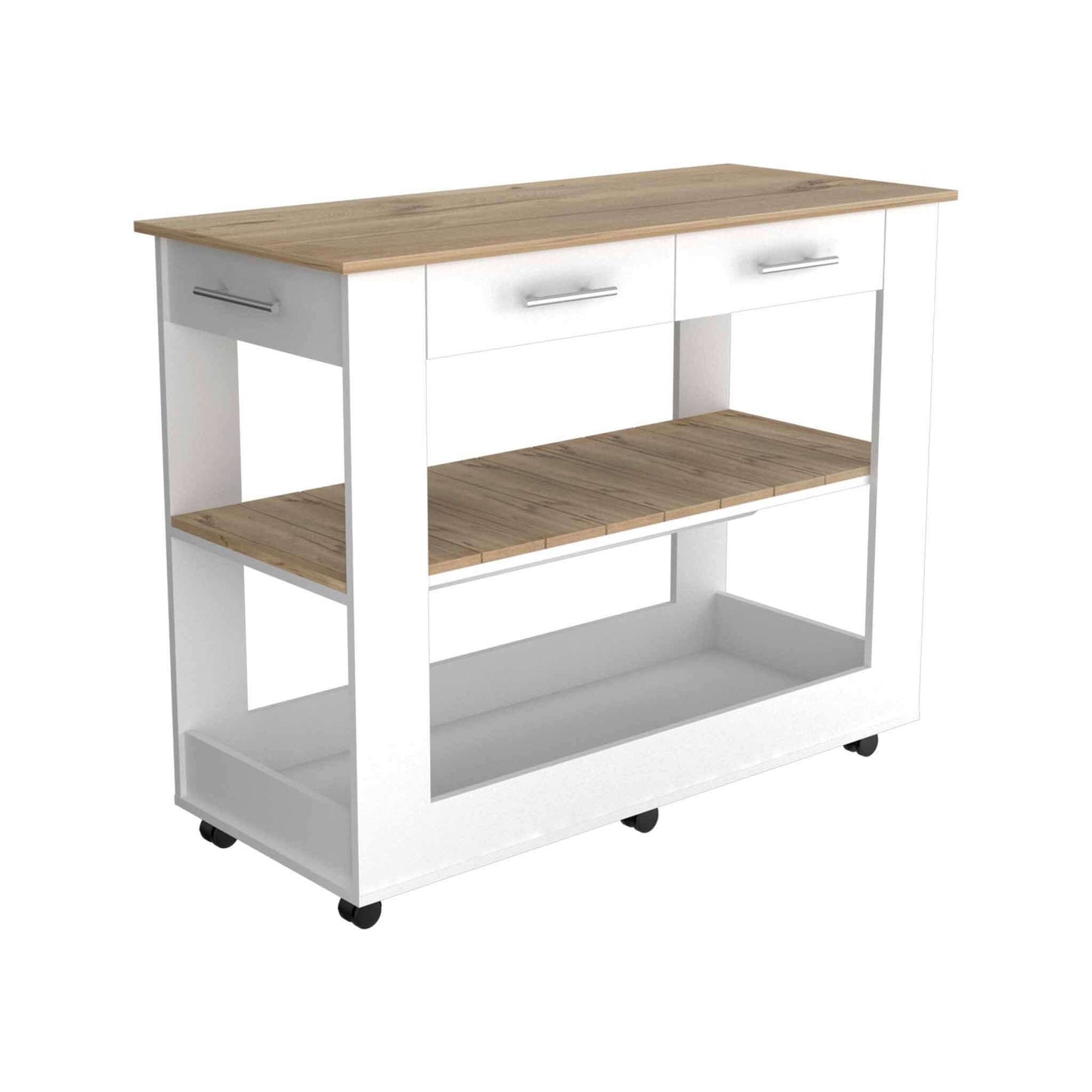 Light Oak and White Kitchen Island with Drawer Shelves and Casters