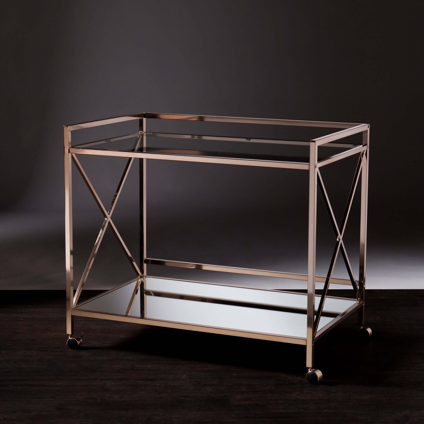 Maxton bar cart in dimly lit setting styled with bar accessories