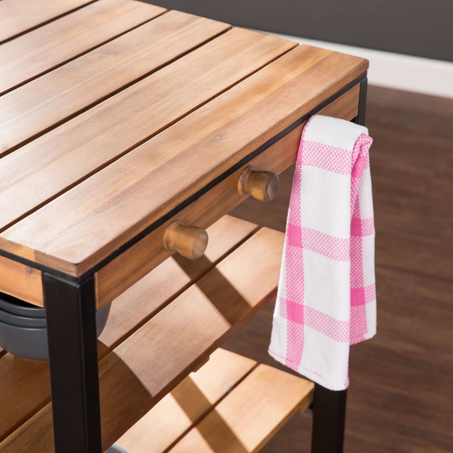 Close-up of Golden Orchard bar cart towel bar and rear side panel