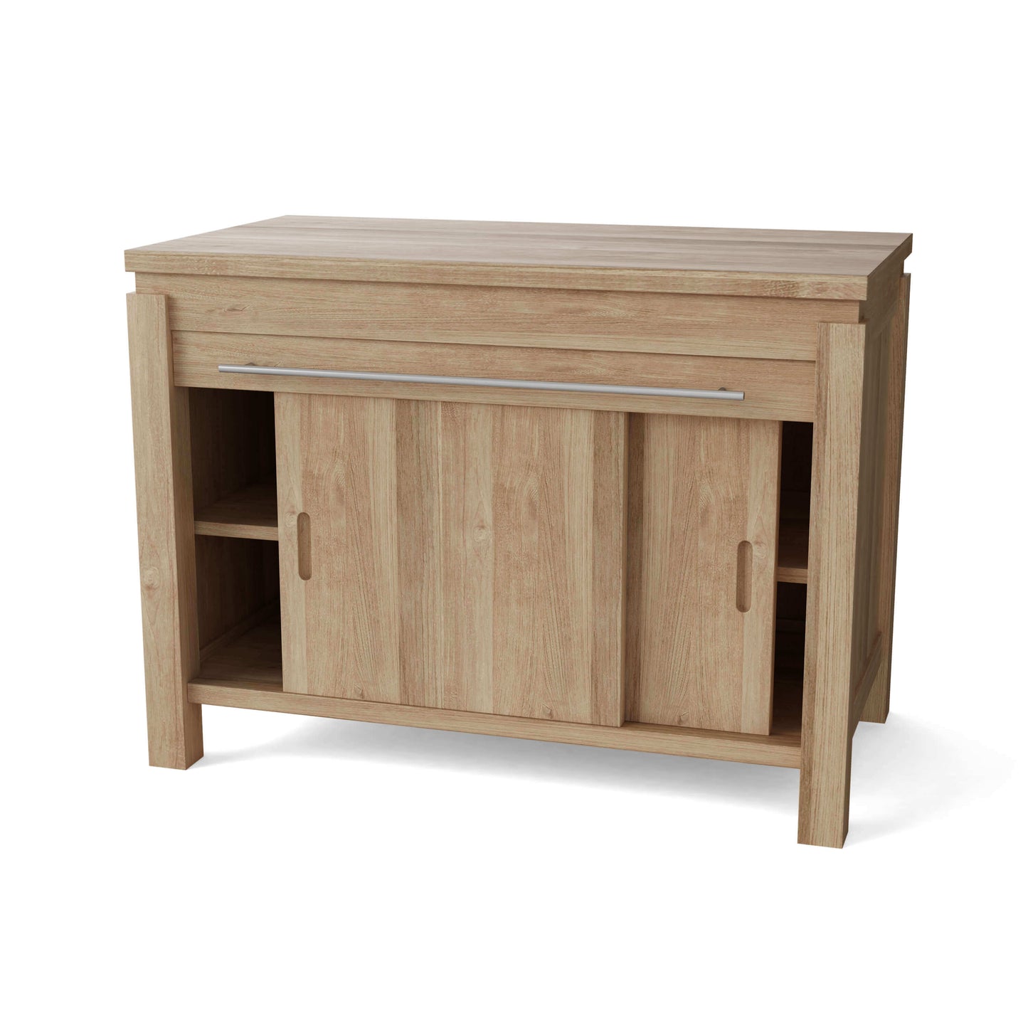Teak storage cabinet with sliding doors, spacious top surface, and open interior shelf for towels or kitchen supplies