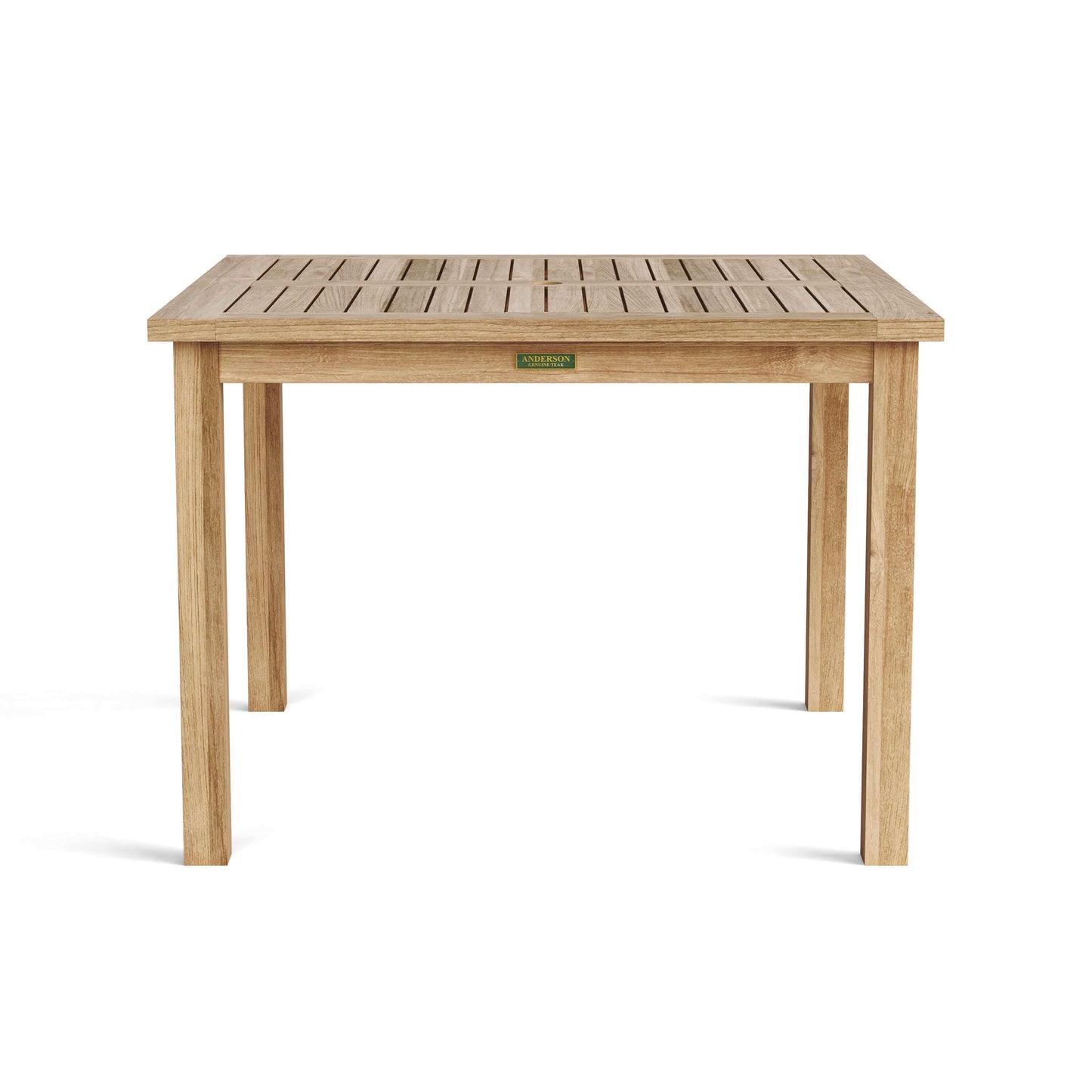 Fully assembled square teak table with durable construction and natural finish