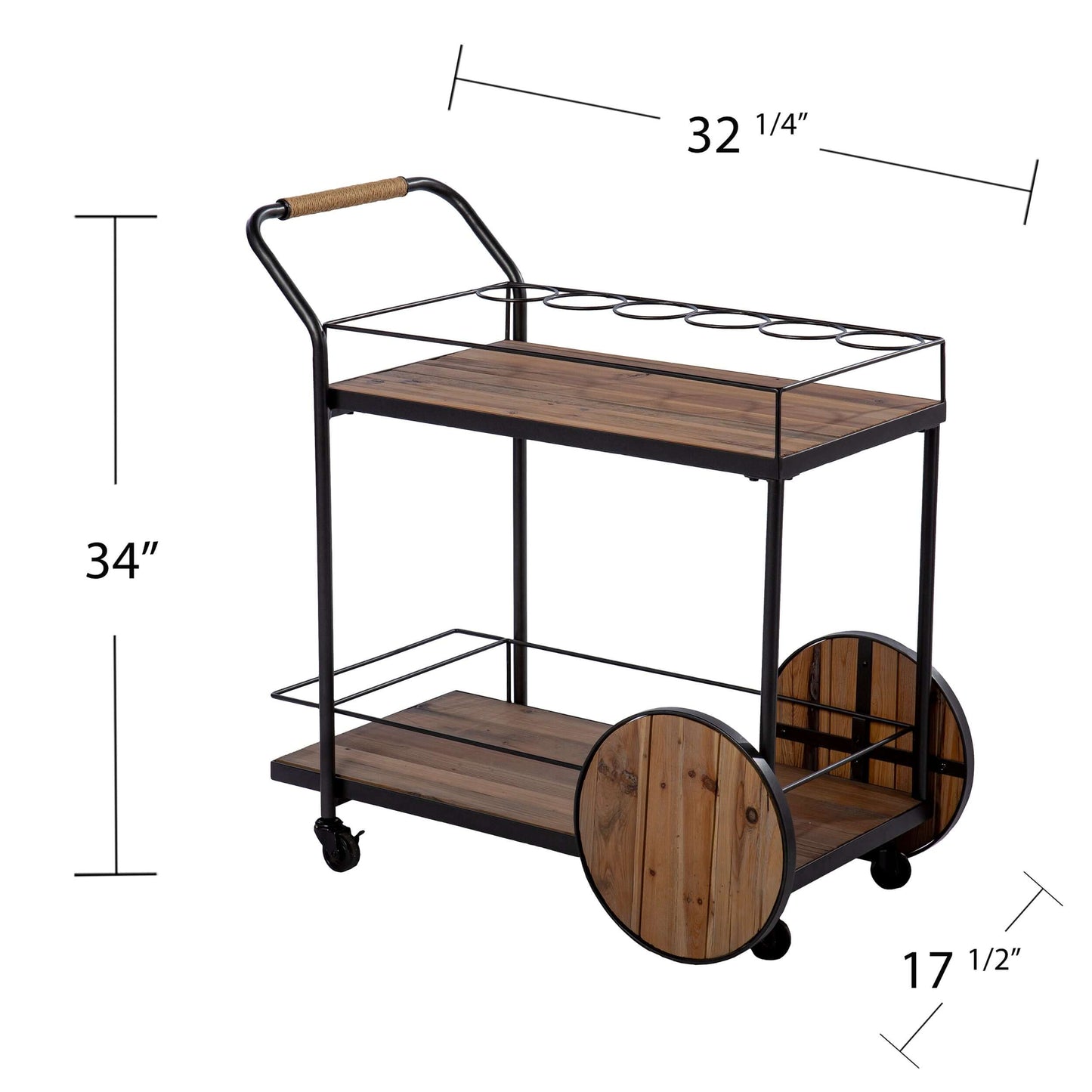 Yorkshire Reclaimed Wood Bar Cart with dimensions overlay showing width, depth, and height