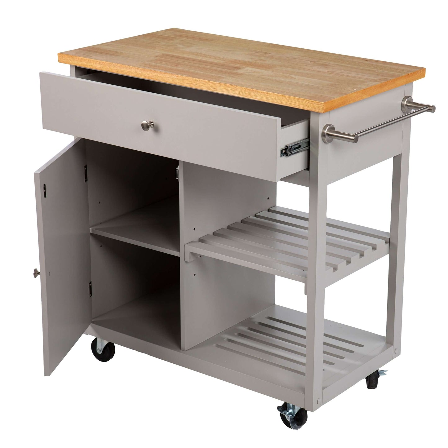 Angled view of Magnolia Rolling Kitchen Island w/ Storage showing storage compartments and hardware finish