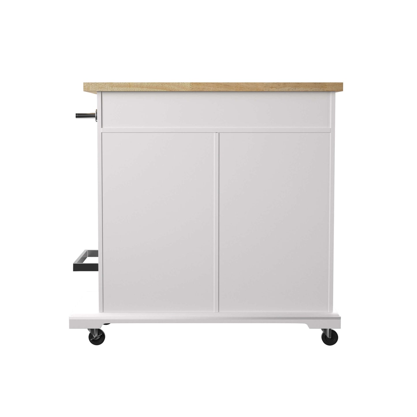 Rear view of Bellini Rolling Kitchen Island w/ Storage highlighting caster wheels and frame