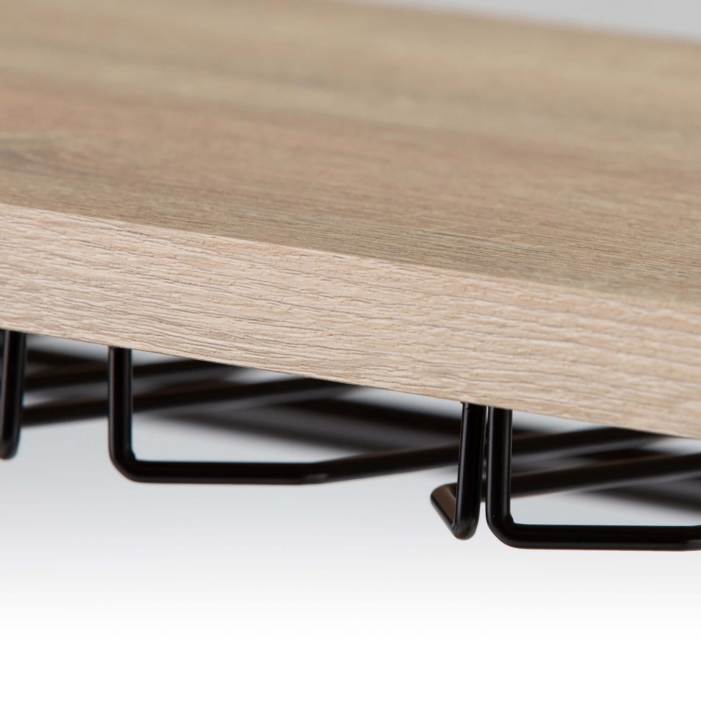Belvoir Wine/Bar Table w/ Glassware Storage – Natural and Black Finish detailed closeup of wood and glassware rack