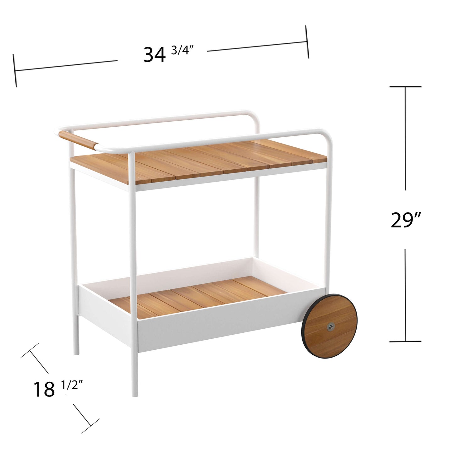Angled view of bar cart with dimensions overlay and product specifications