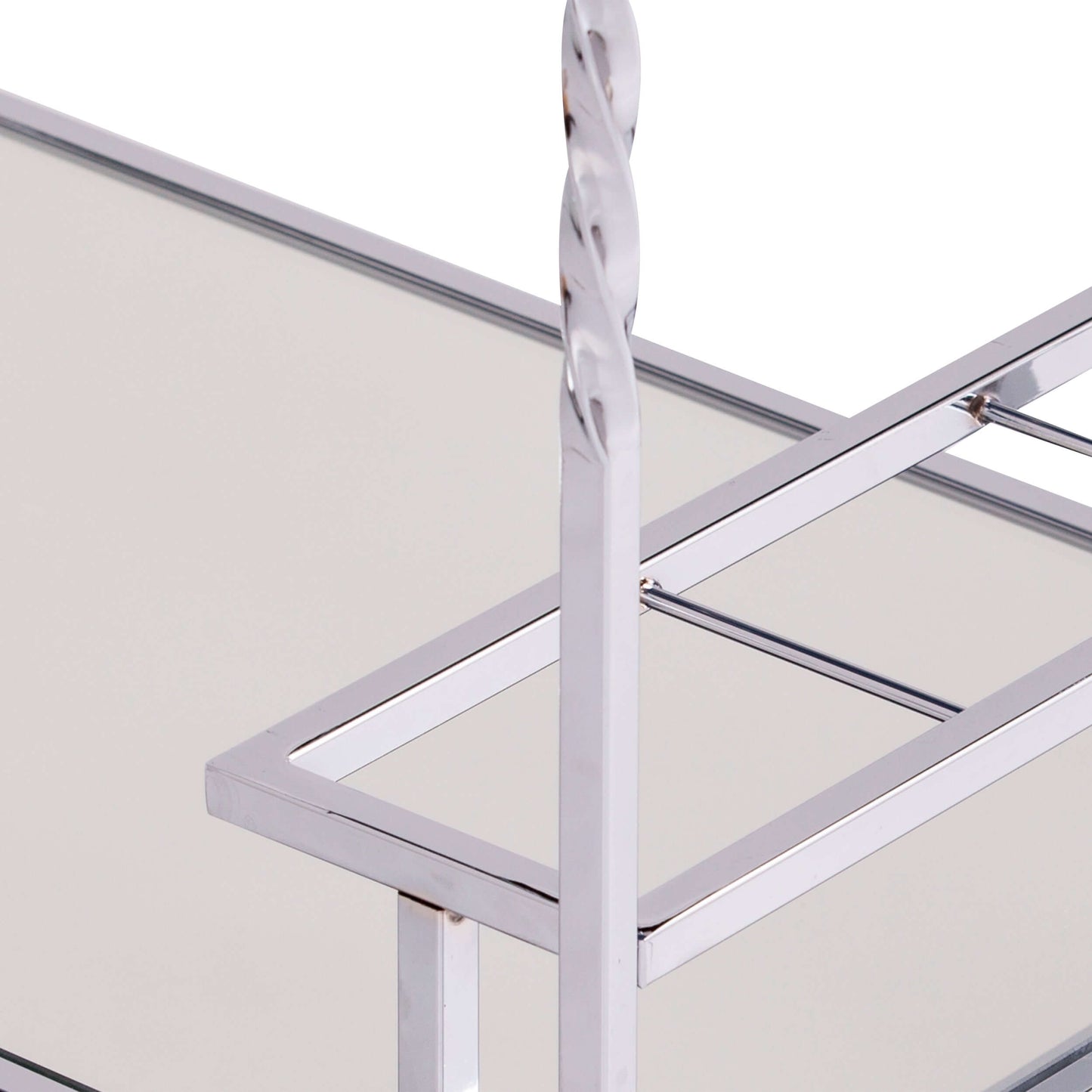 Carrington Luxe Metal Mirrored Bar Cart – Chrome close-up of mirrored shelf and frame detailing