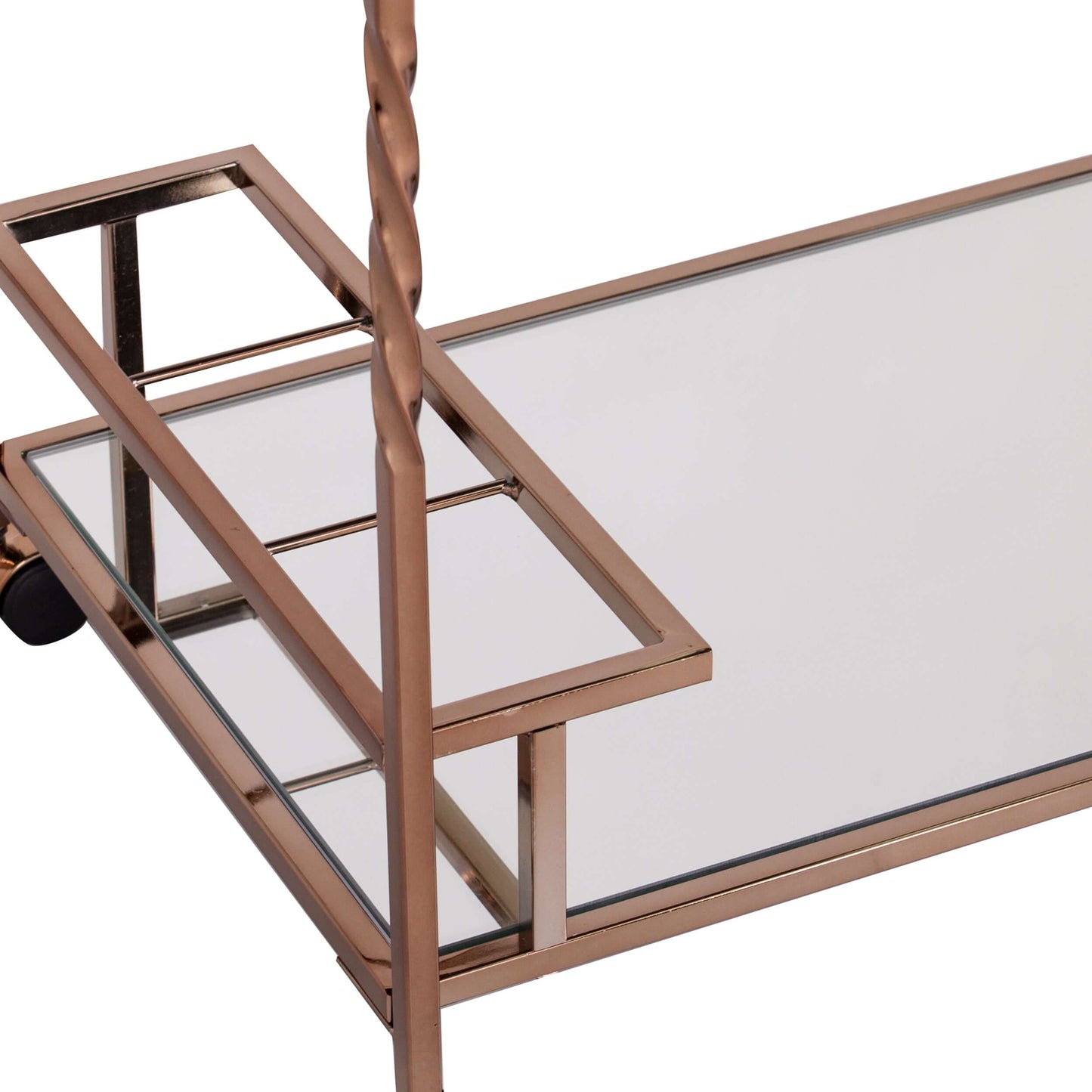 Chadwick Luxe Metal Mirrored Bar Cart – Champagne detailed close-up of bottom shelf and wine rack