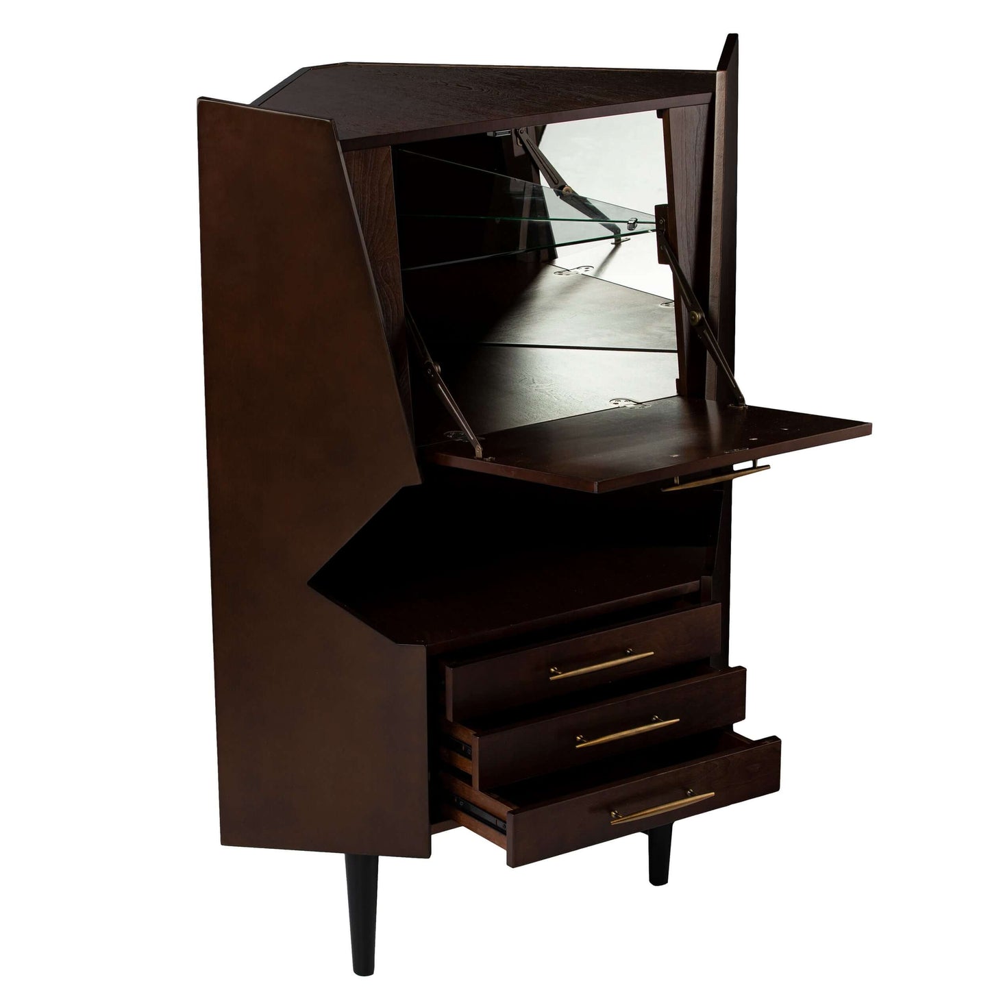 Kingsmere Corner Bar Cabinet – Dark Tobacco opened to reveal interior compartments and shelving