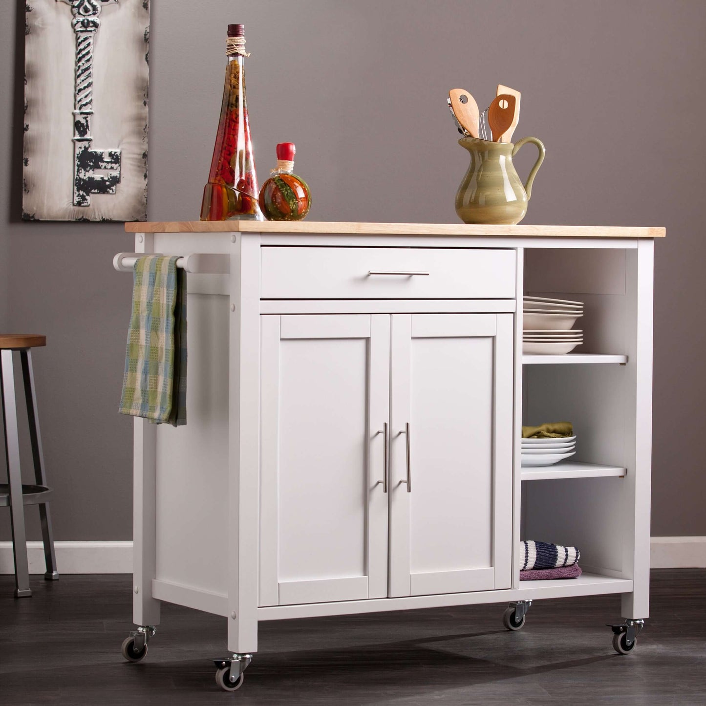 Borgia Kitchen Cart – White styled in kitchen with cookware and breakfast accessories