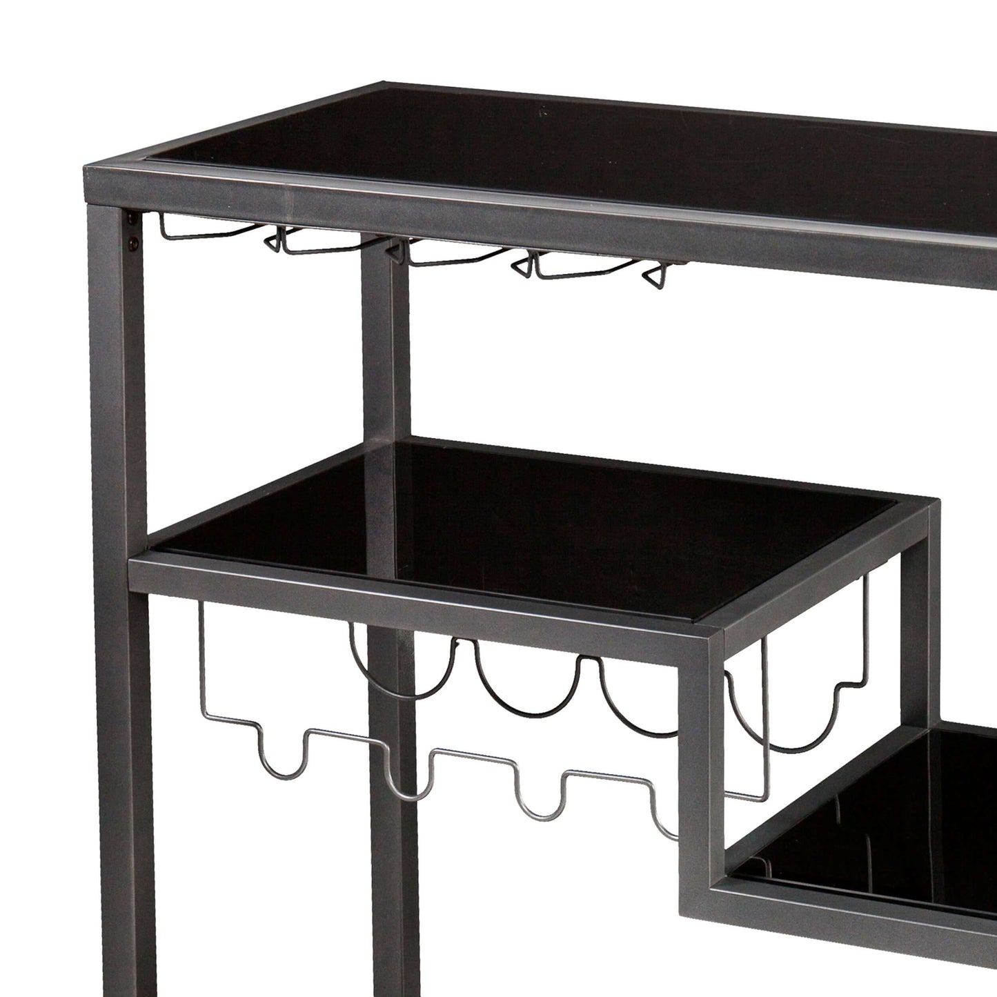 Close-up of Preston Bar Cart – Gunmetal Gray w/ Black Glass shelf and frame detailing