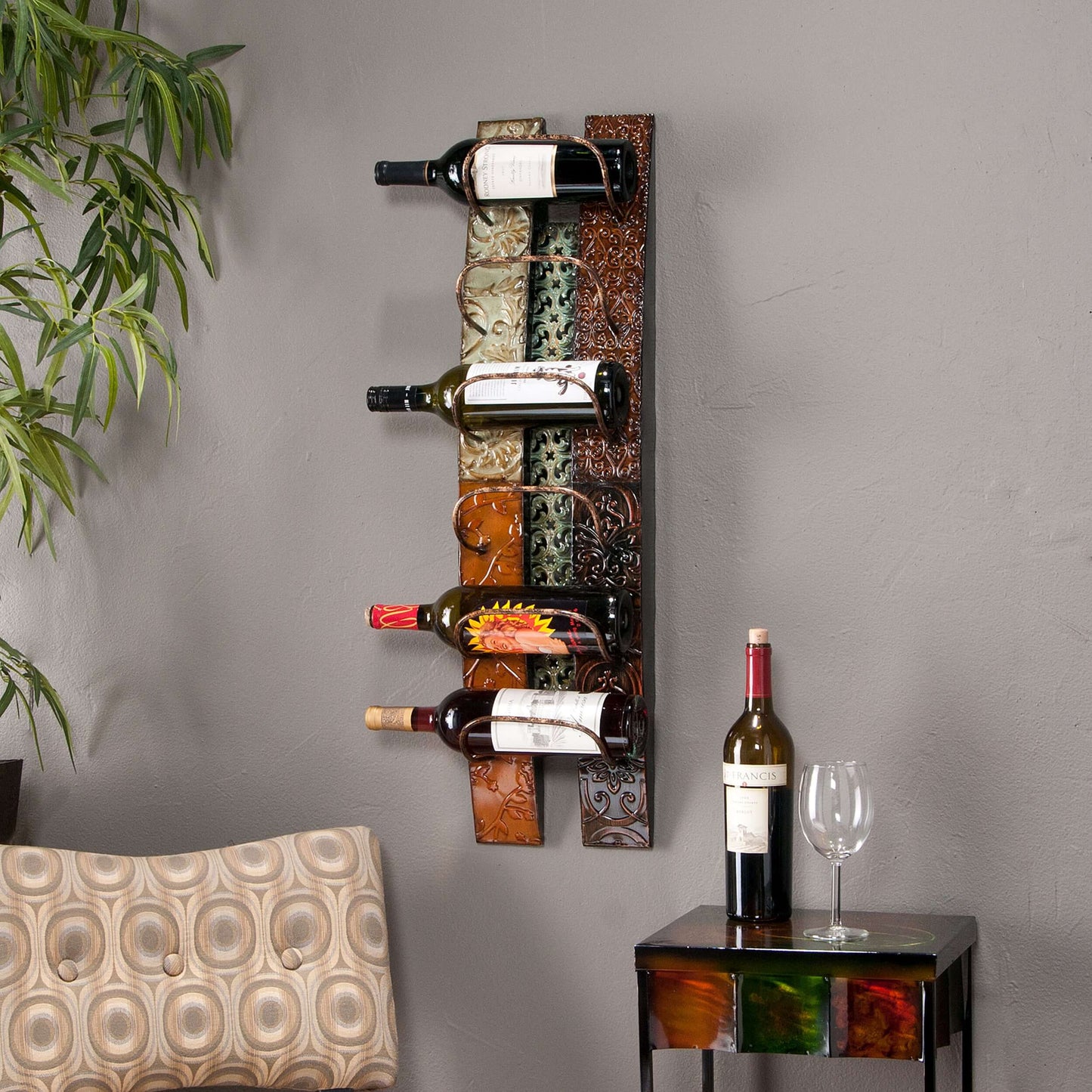 Chatsworth Wall-Mount Wine Storage styled in dining area with wine bottles and glassware