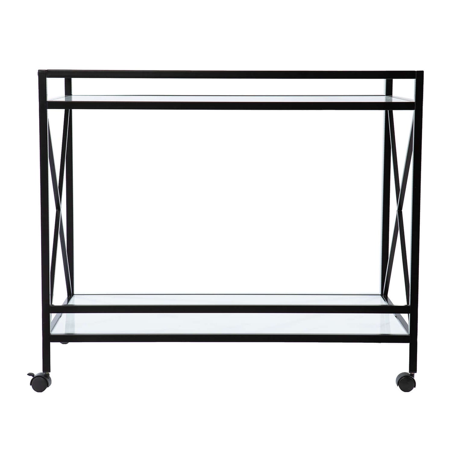 Front or back view of Brighton Bar Cart – Black and White showing open shelving and two-tone frame