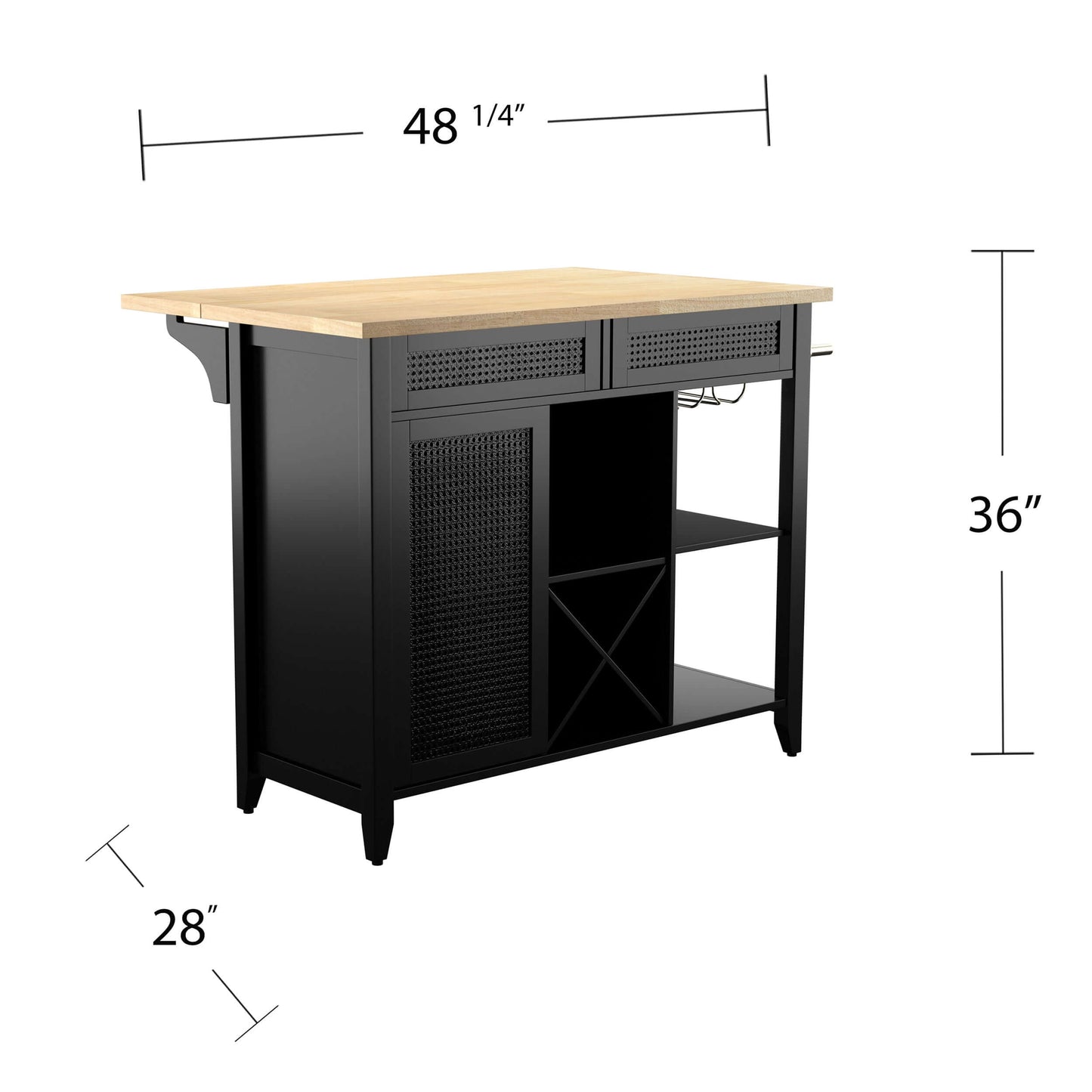 Cambridge Regal Expandable Freestanding Kitchen Island with dimensions overlay showing width, depth, and height
