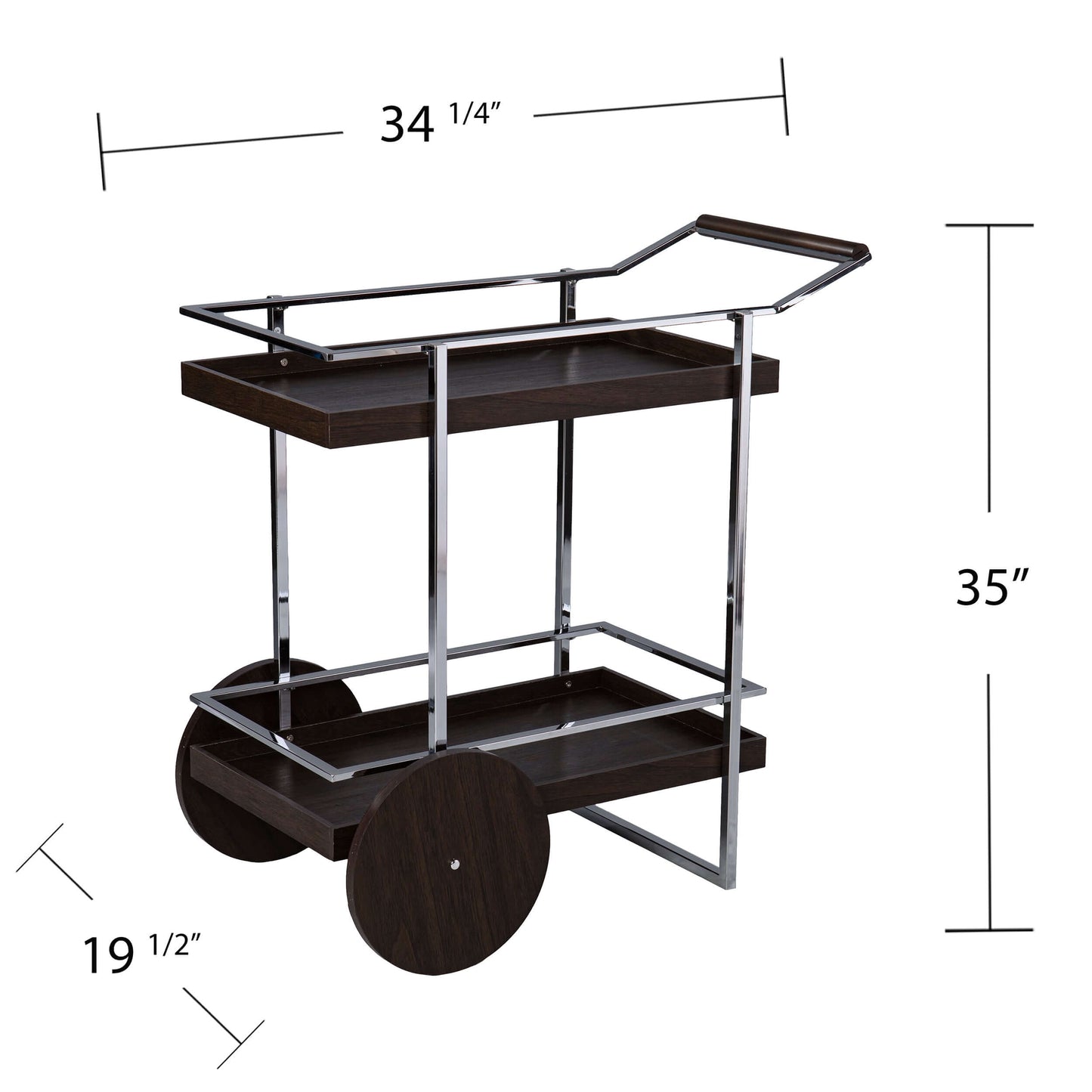 Monroe Rolling Bar Cart with dimensions overlay showing width, depth, and height