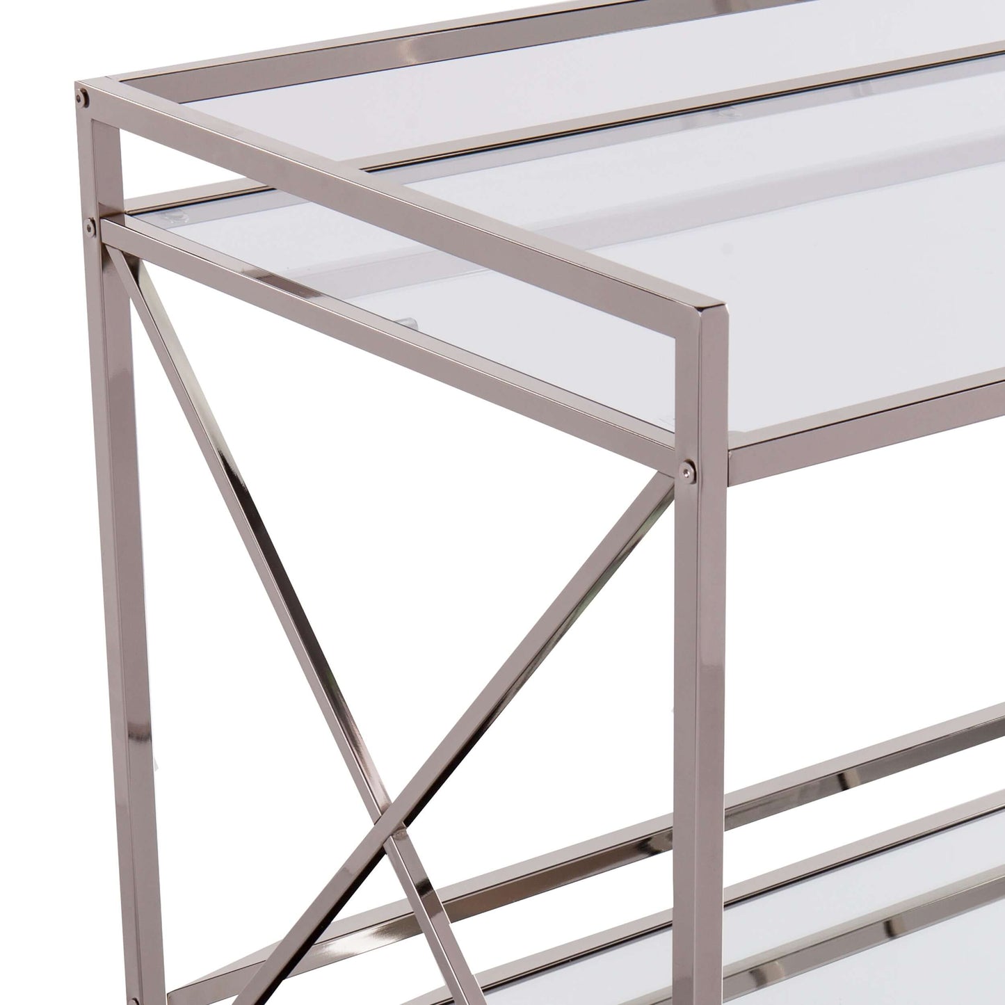 Marquee Silver Bar Cart close-up of mirrored shelf and frame detailing