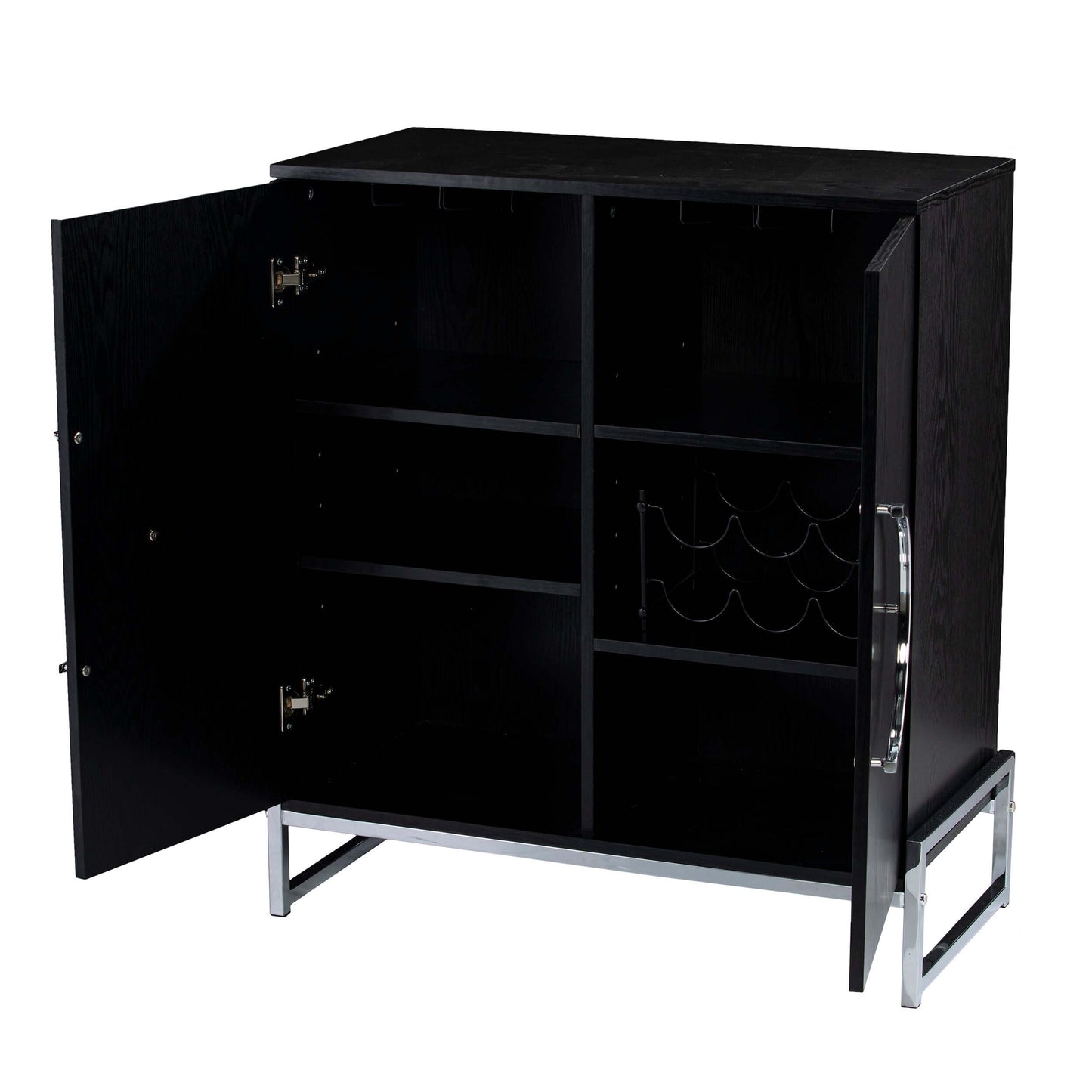 Hampton Double-Door Bar Cabinet opened to reveal interior wine rack and shelving layout