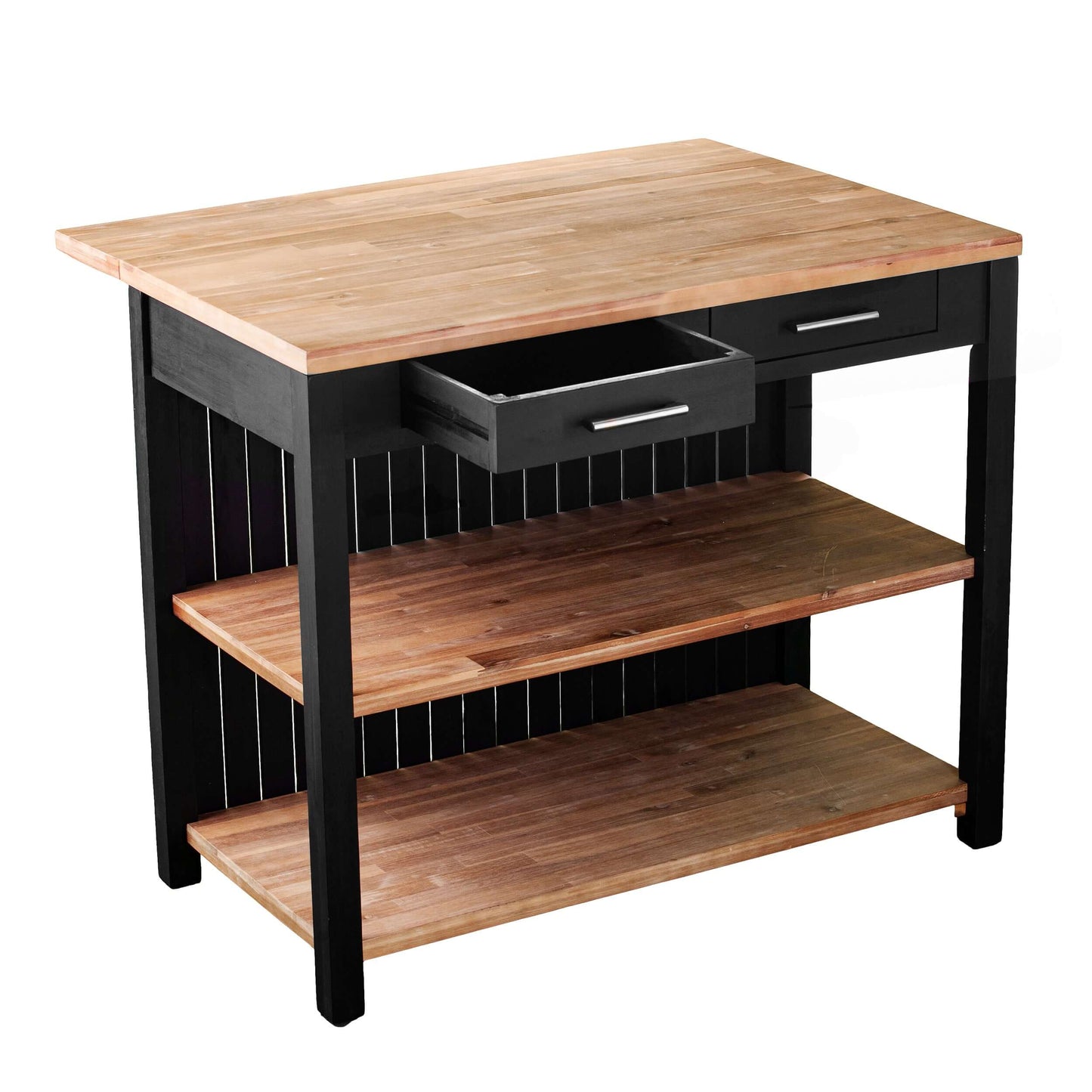 Angled view of Emerson Expandable Freestanding Kitchen Island with leaf extension shown in expanded position