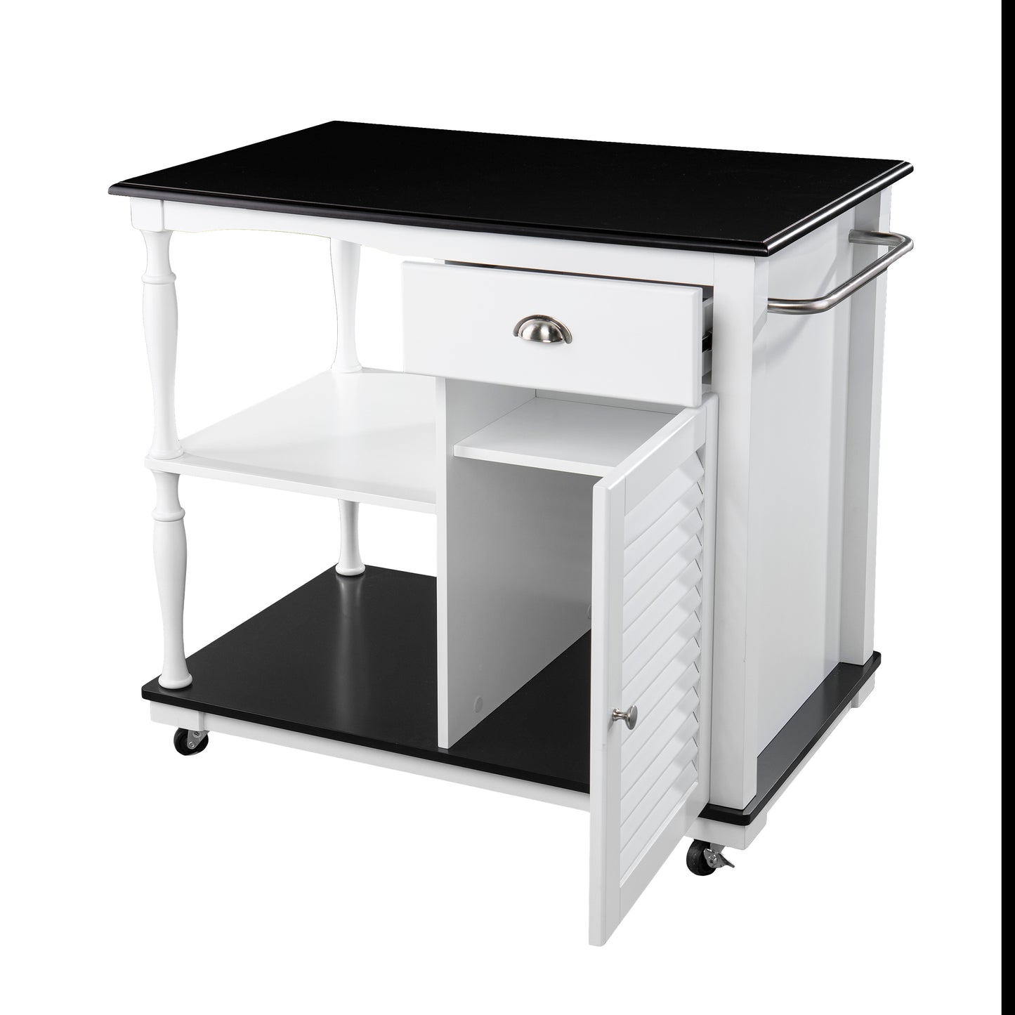 Angled view of Berkshire Rolling Kitchen Island w/ Storage displaying open shelving and countertop space