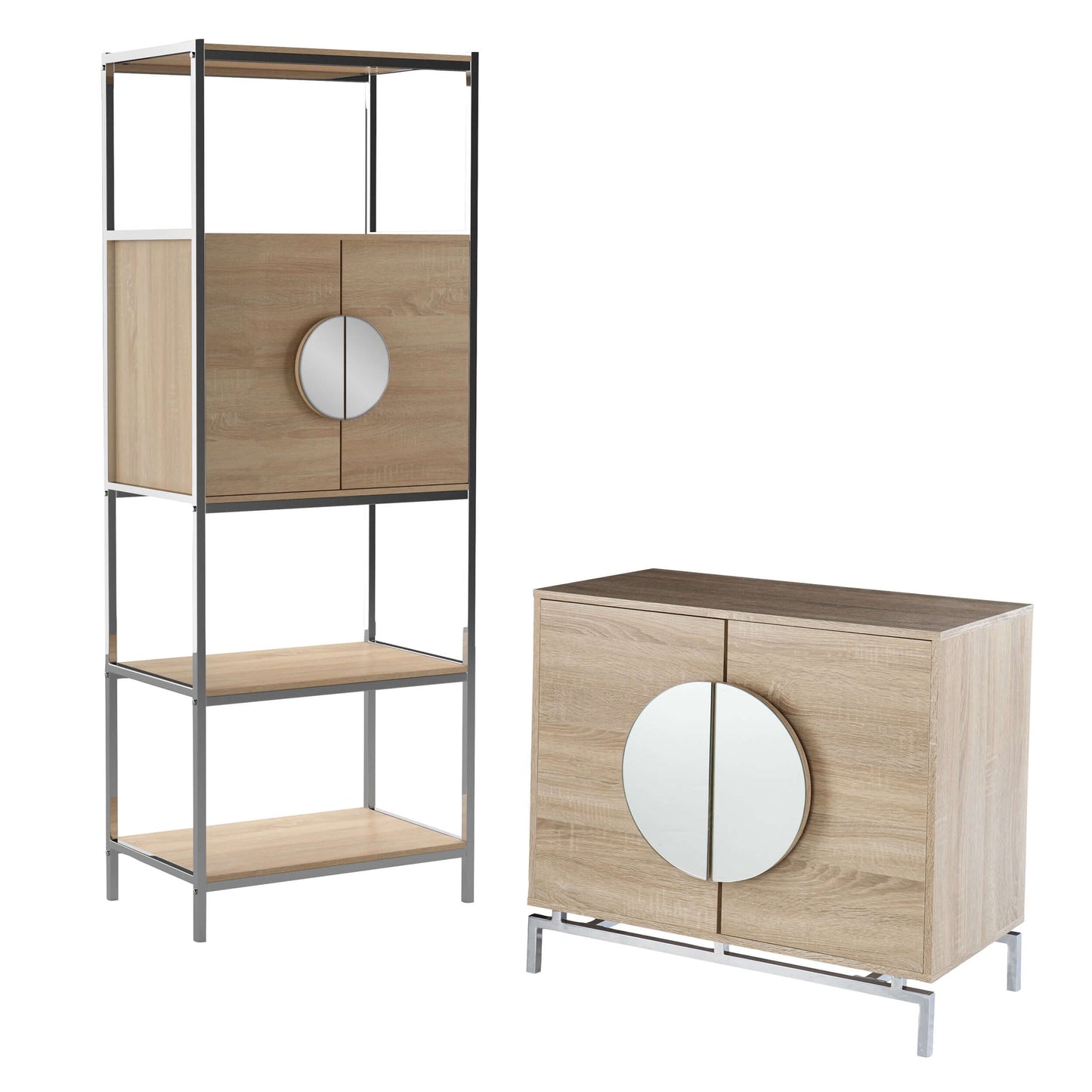 Aldington Tall Bar Cabinet w/ Wine Storage with dimensions overlay showing width, depth, and height