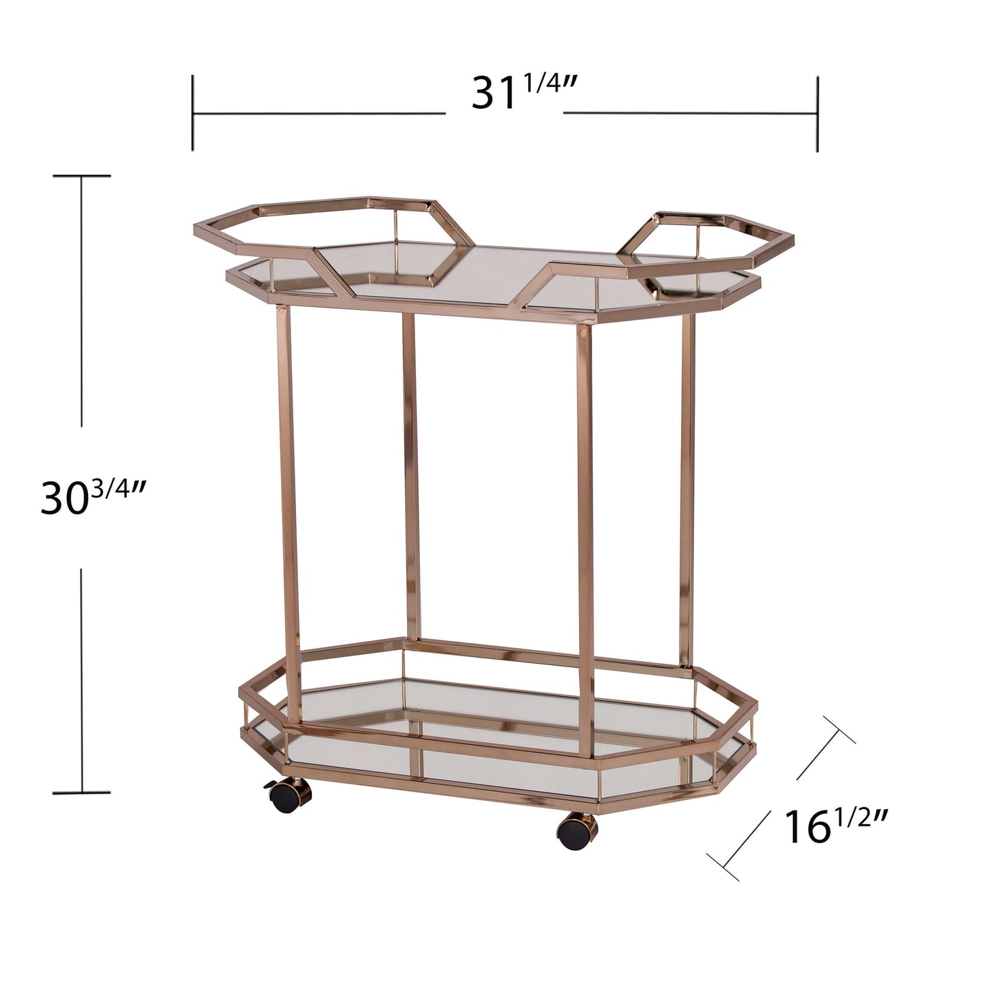 Gatsby Deco Bar Cart with dimensions overlay showing width, depth, and height