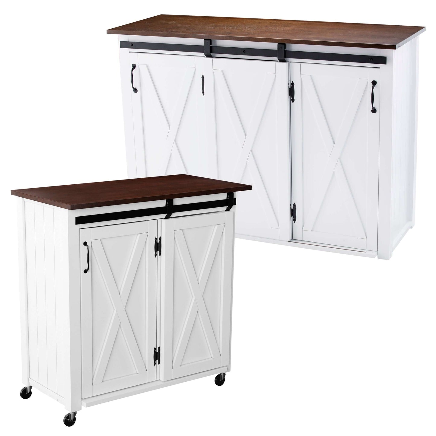 Henley Barn-Door Kitchen Cart showing the front in different angles