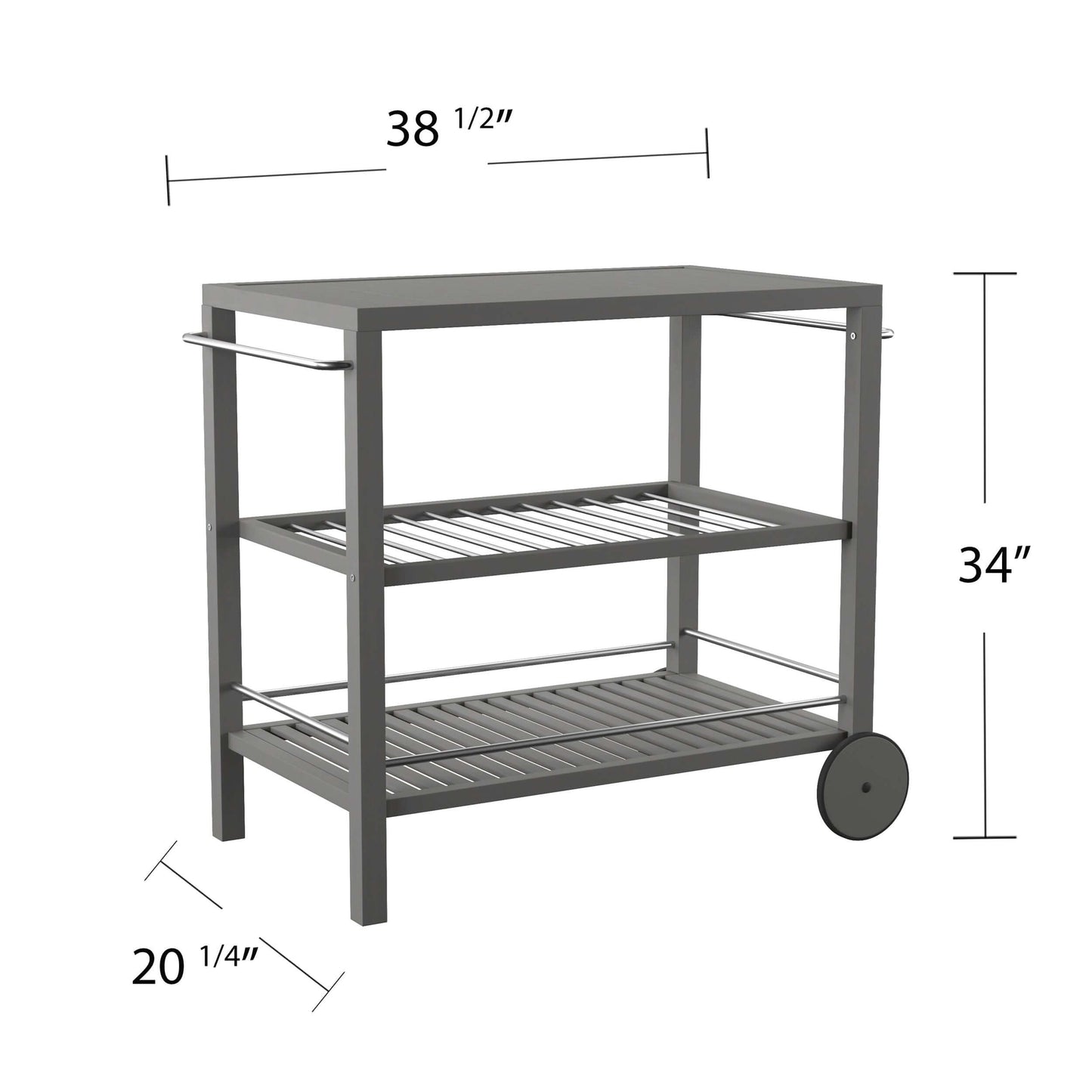 Angled view of outdoor bar cart with dimensions overlay and product specifications