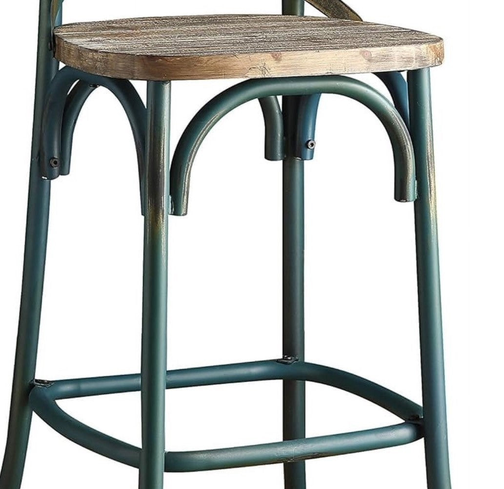 21" Brown And Turquoise Solid Wood And Metal Bar Chair