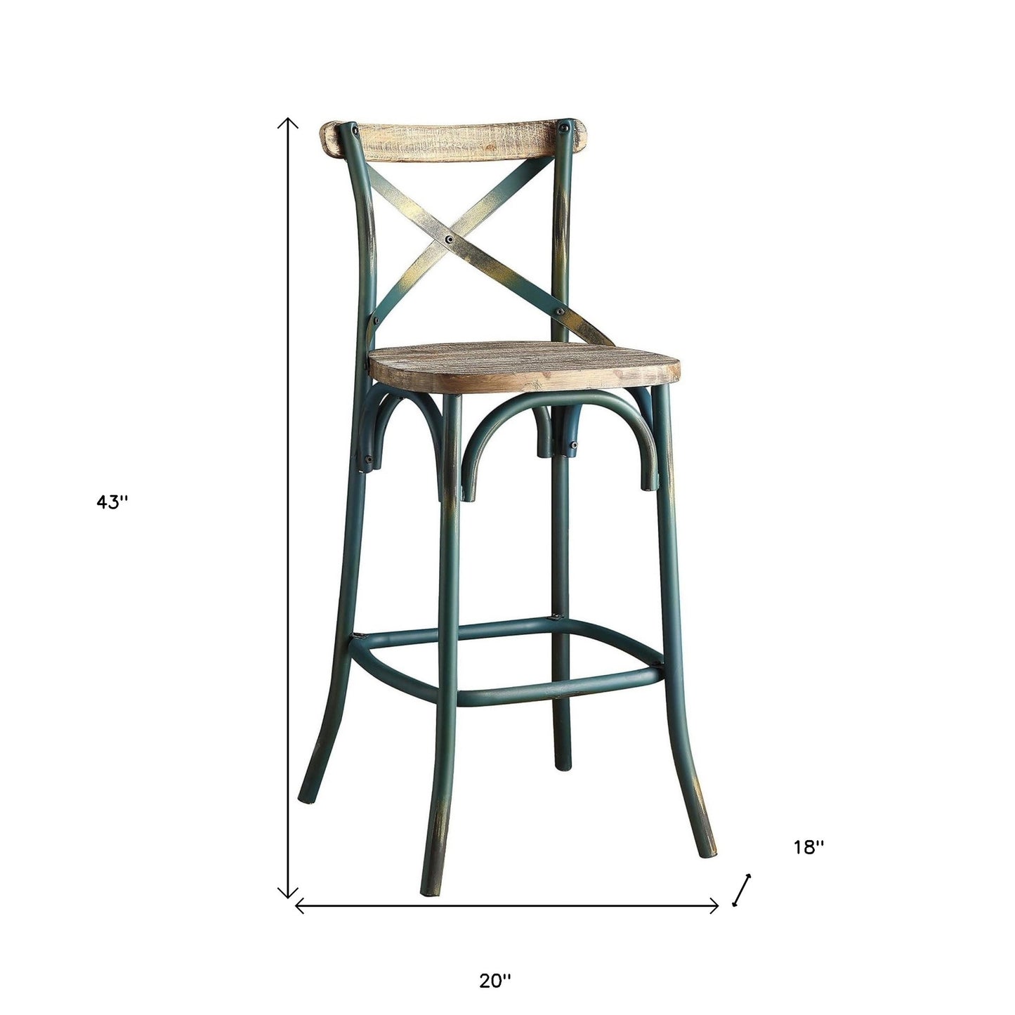 21" Brown And Turquoise Solid Wood And Metal Bar Chair