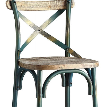 21" Brown And Turquoise Solid Wood And Metal Bar Chair