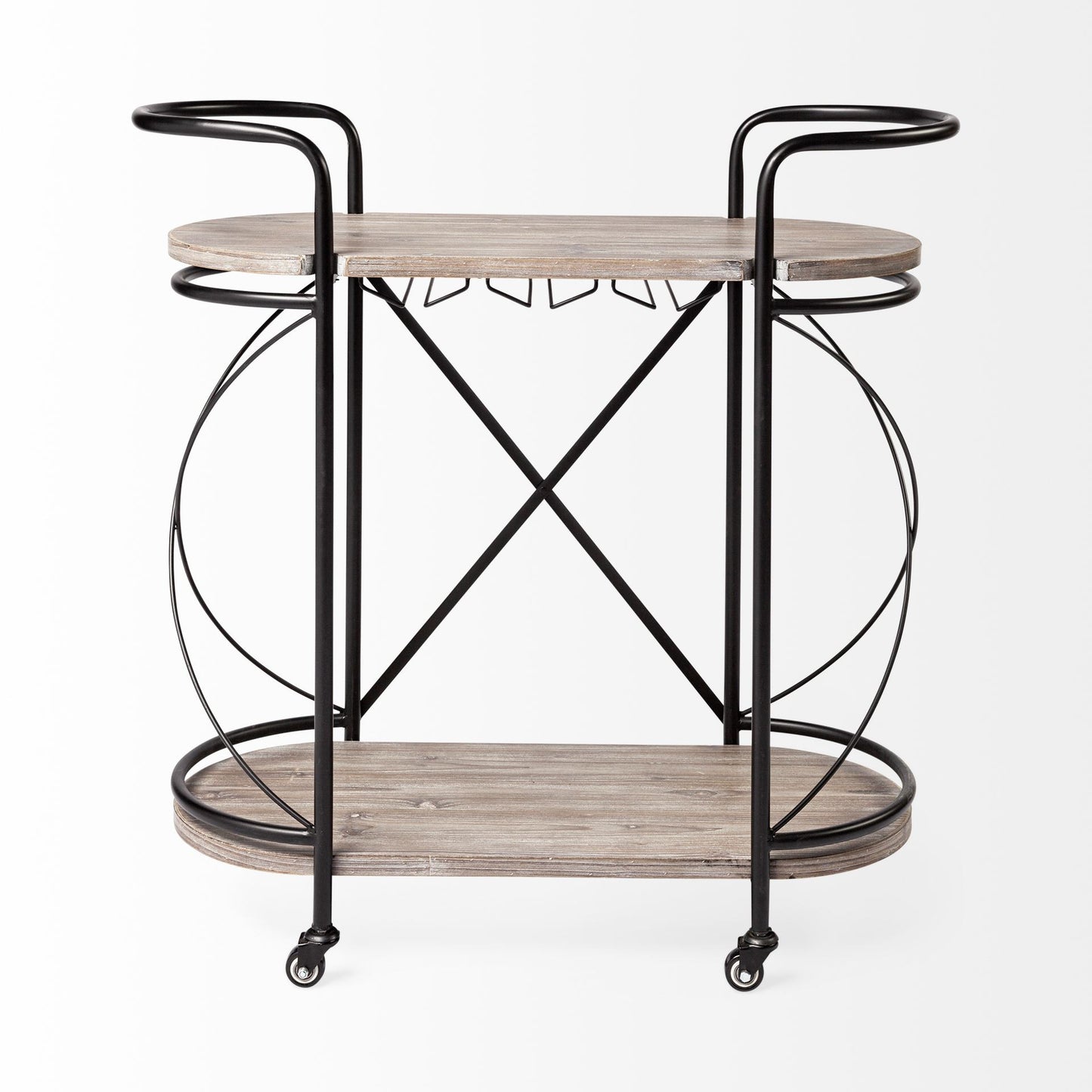 Cyclider Black Metal With Two Wooden Shelves Bar Cart