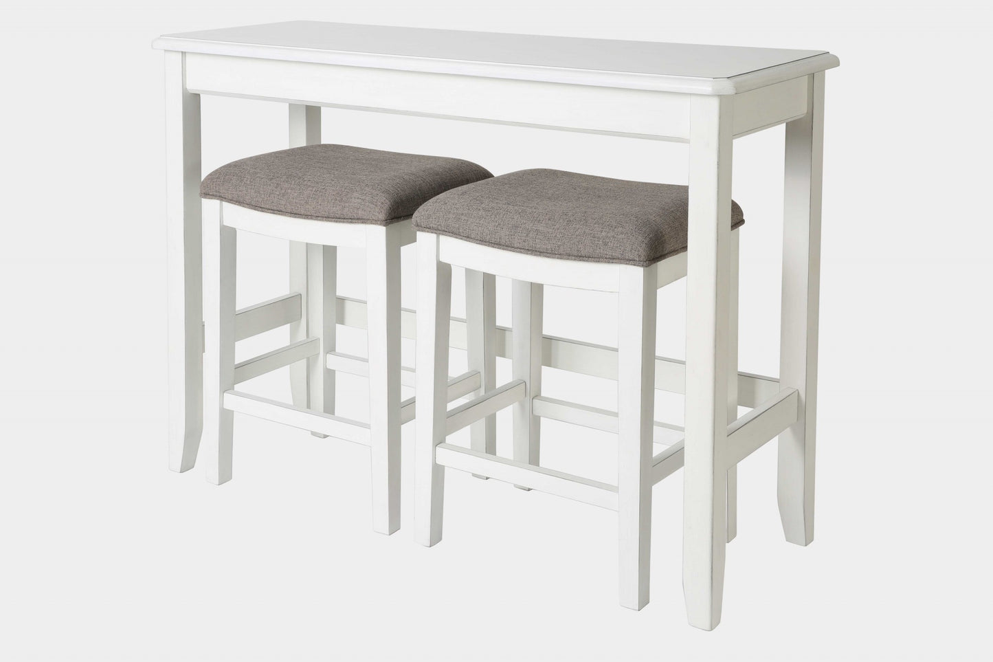 49" Three Piece White Rectangular Solid and Manufactured Wood Bar Table, 24" Light Gray And White Backless Bar Chairs