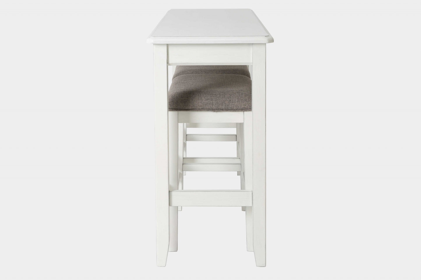 49" Three Piece White Rectangular Solid and Manufactured Wood Bar Table, 24" Light Gray And White Backless Bar Chairs