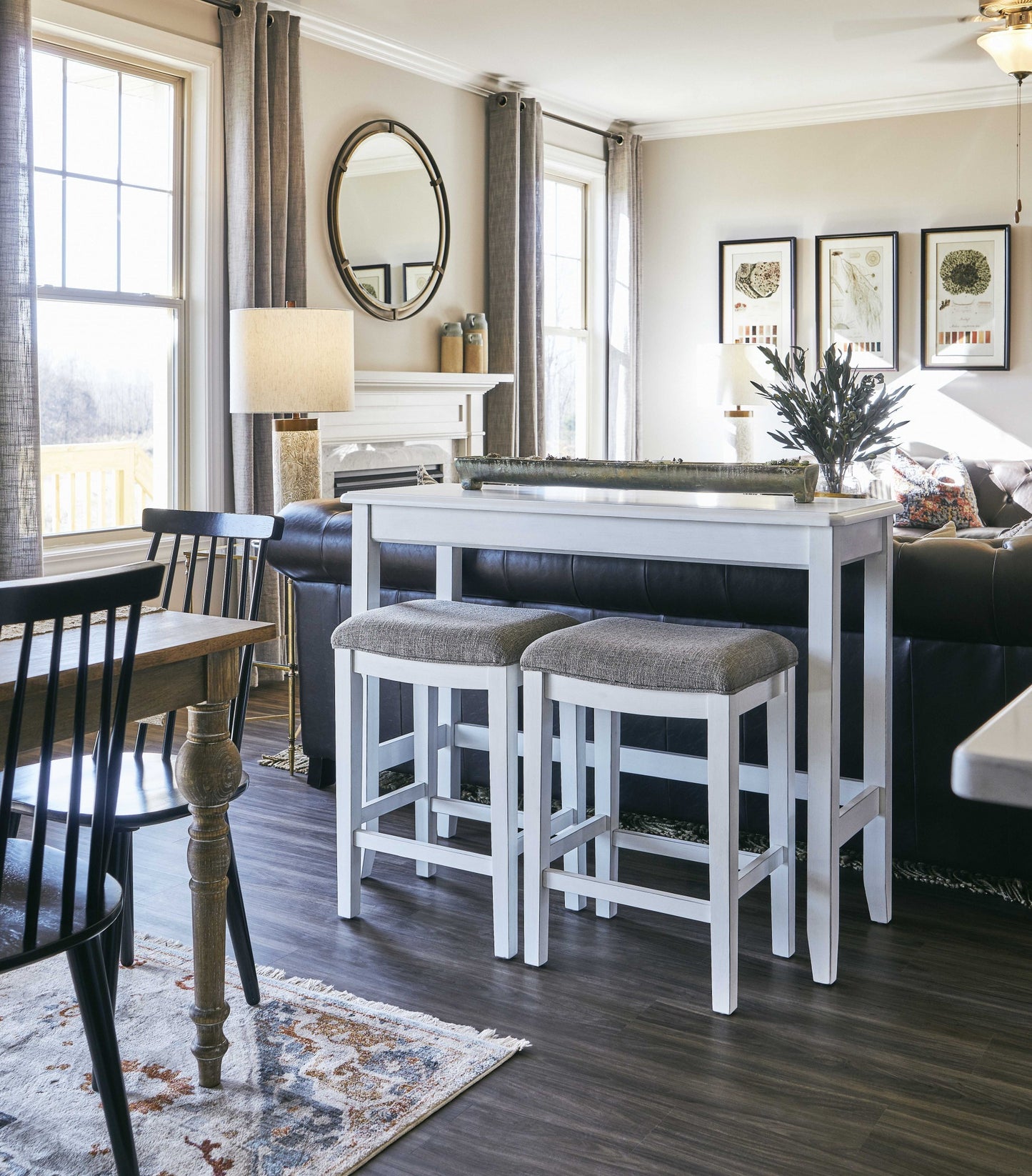 49" Three Piece White Rectangular Solid and Manufactured Wood Bar Table, 24" Light Gray And White Backless Bar Chairs