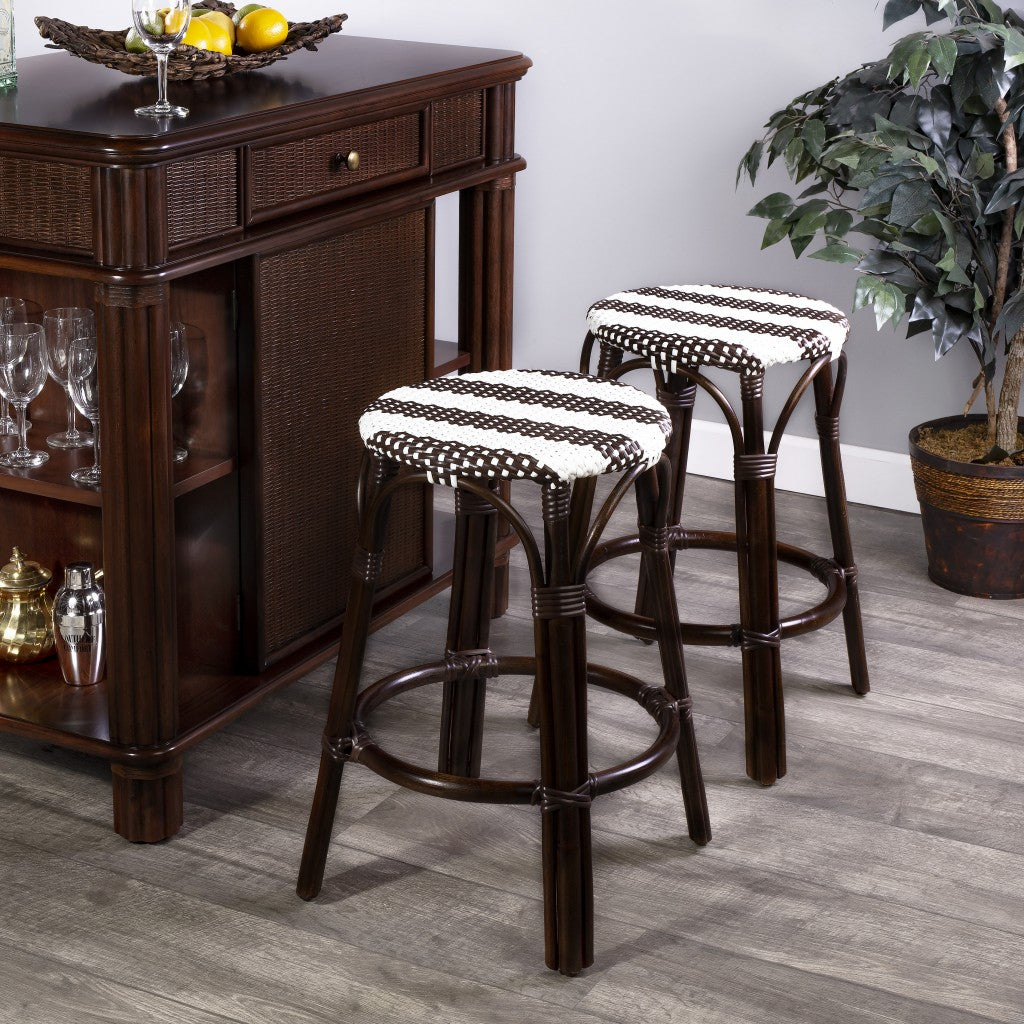 24" Dark Brown and White Rattan Backless Counter Height Bar Chair