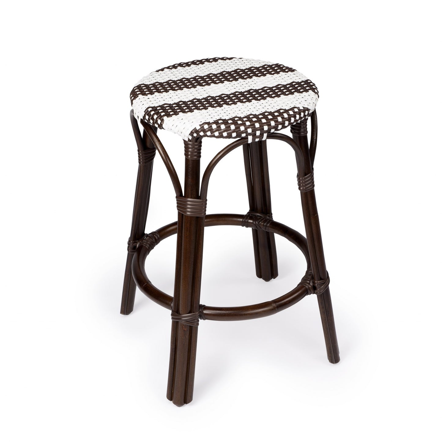 24" Dark Brown and White Rattan Backless Counter Height Bar Chair