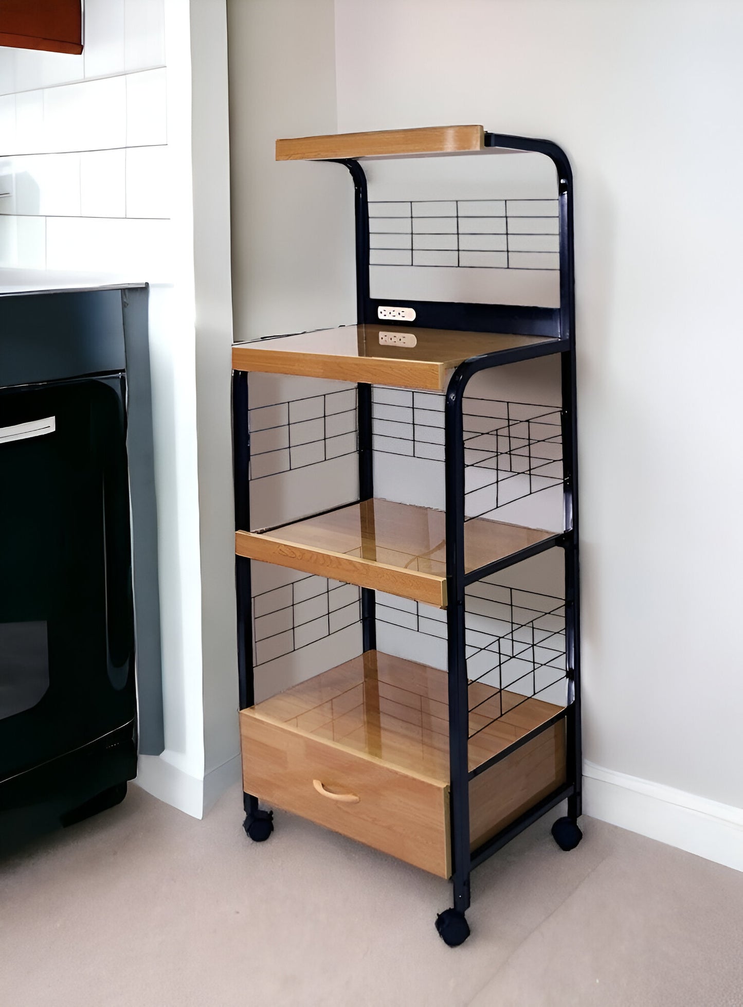 60" Black and Natural Mod Microwave Kitchen Cart