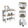 Light Oak and White Kitchen Island with Drawer Shelves and Casters