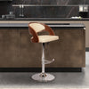 24" Cream And Brown Faux Leather And Solid Wood Swivel Low Back Adjustable Height Bar Chair