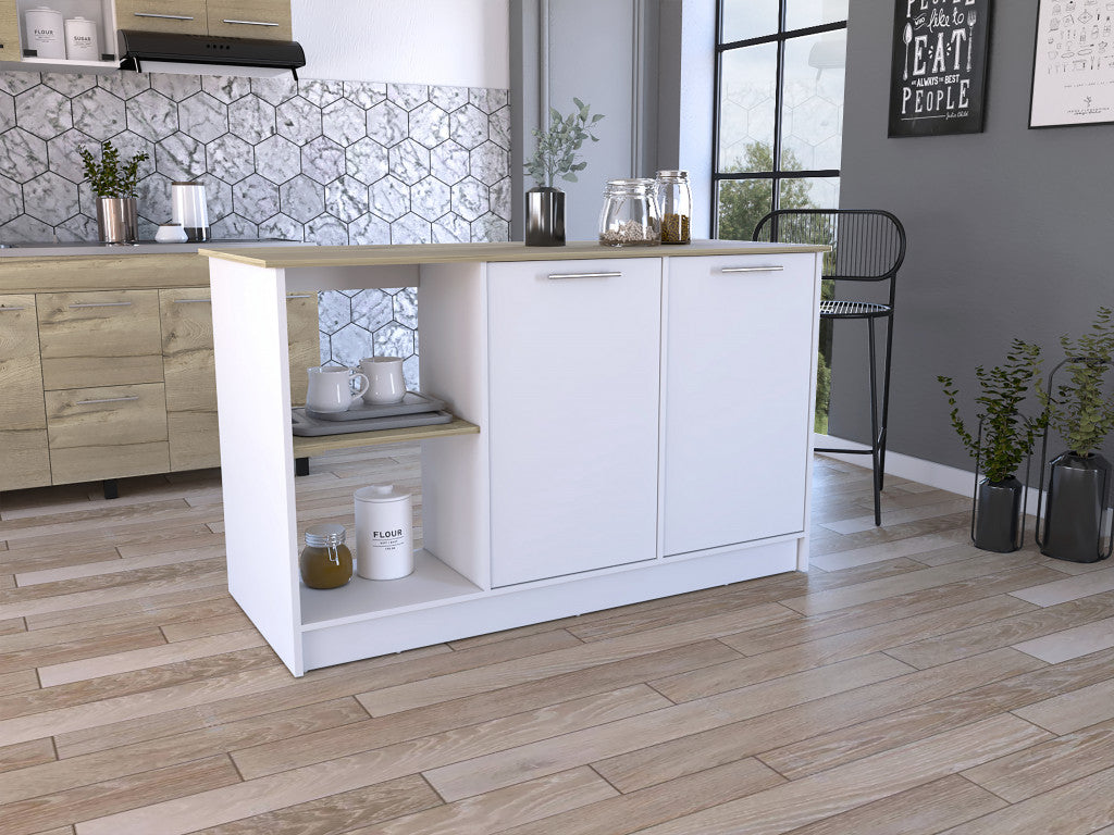 Sleek and Modern White and Light Oak Kitchen Island