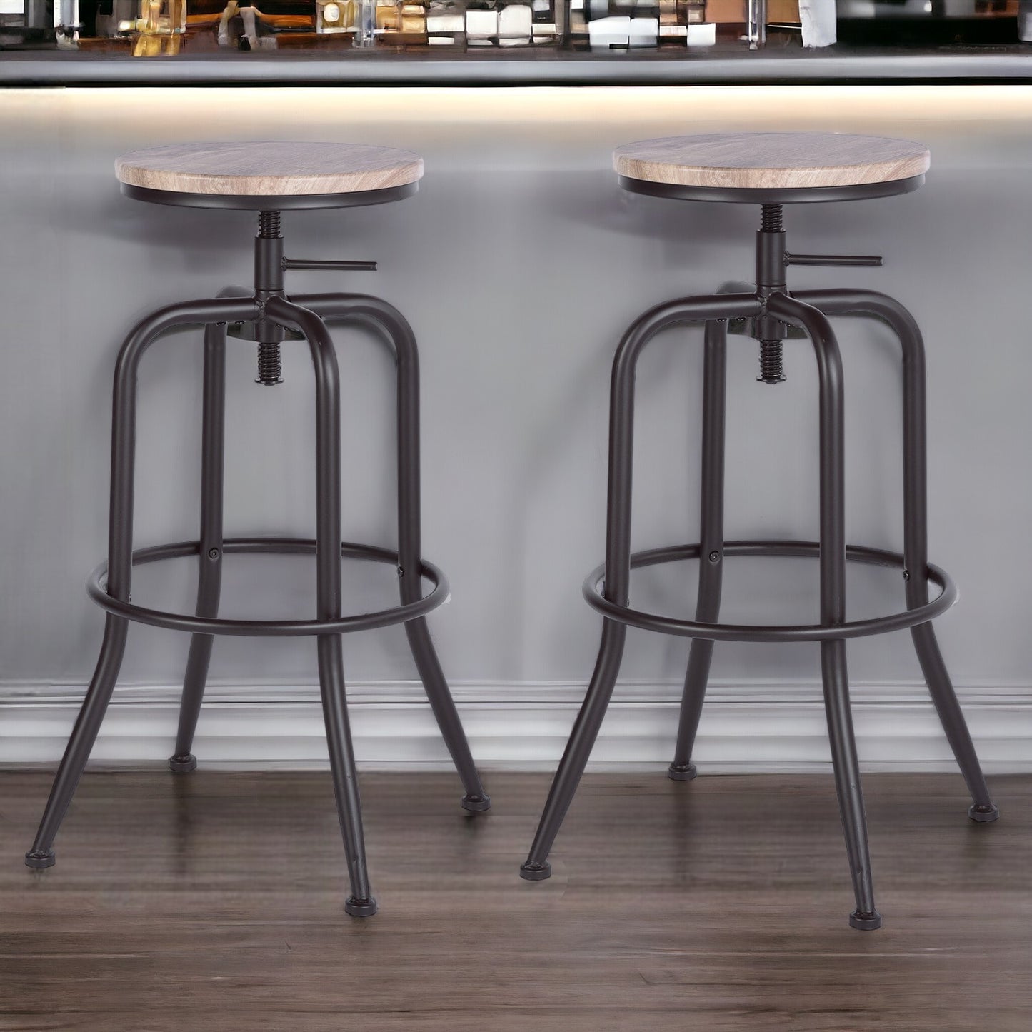 Set of Two Natural And Black Solid Wood And Steel Swivel Backless Counter Height Bar Chairs