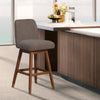 26" Taupe And Brown Upholstered And Solid Wood Swivel Counter Height Bar Chair