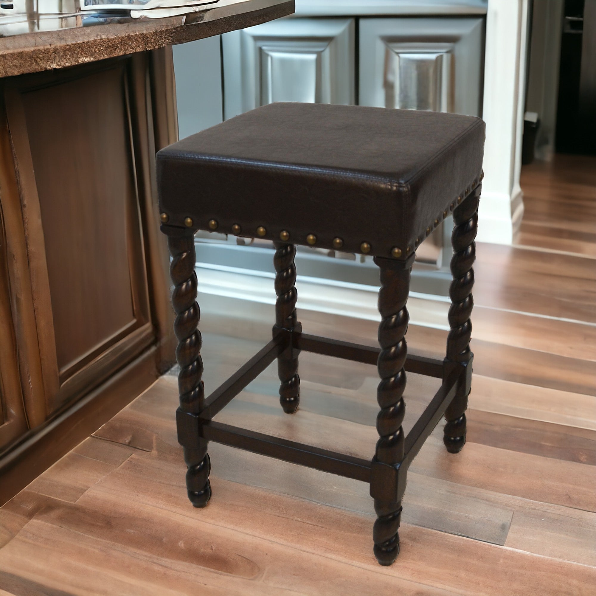 24" Black And Espresso Faux Leather And Solid Wood Backless Counter He