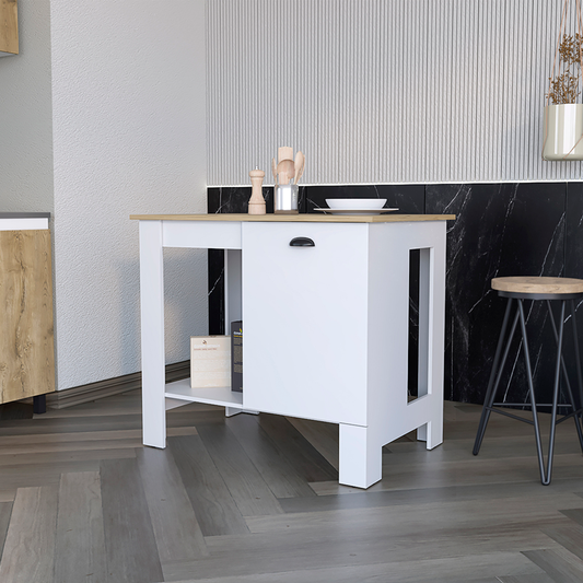 White and Natural 35" Kitchen Island With Storage