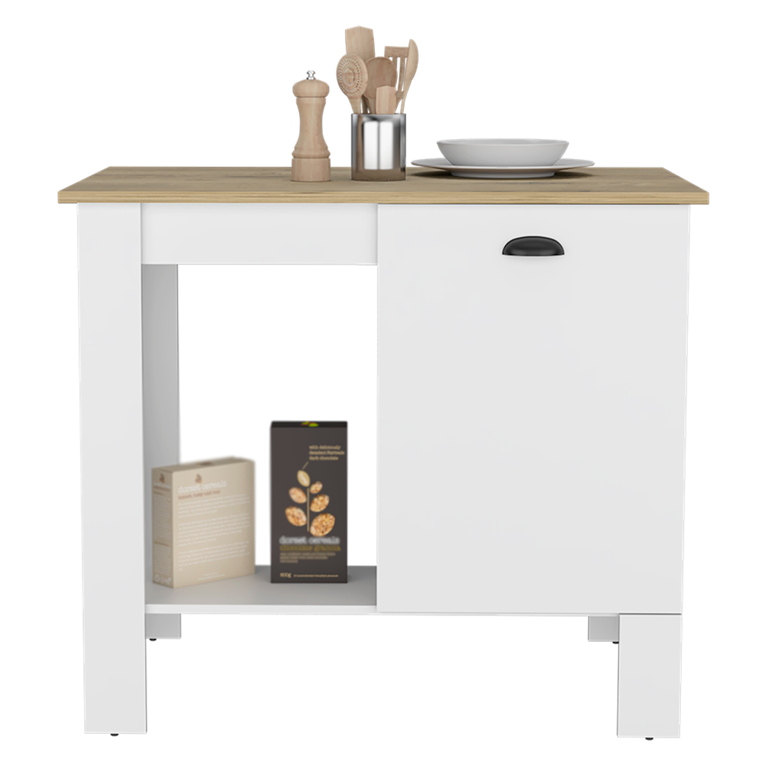 White and Natural 35" Kitchen Island With Storage