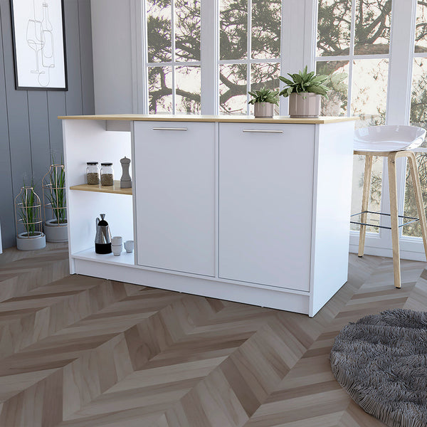 White and Oak 59" Kitchen Island With Storage