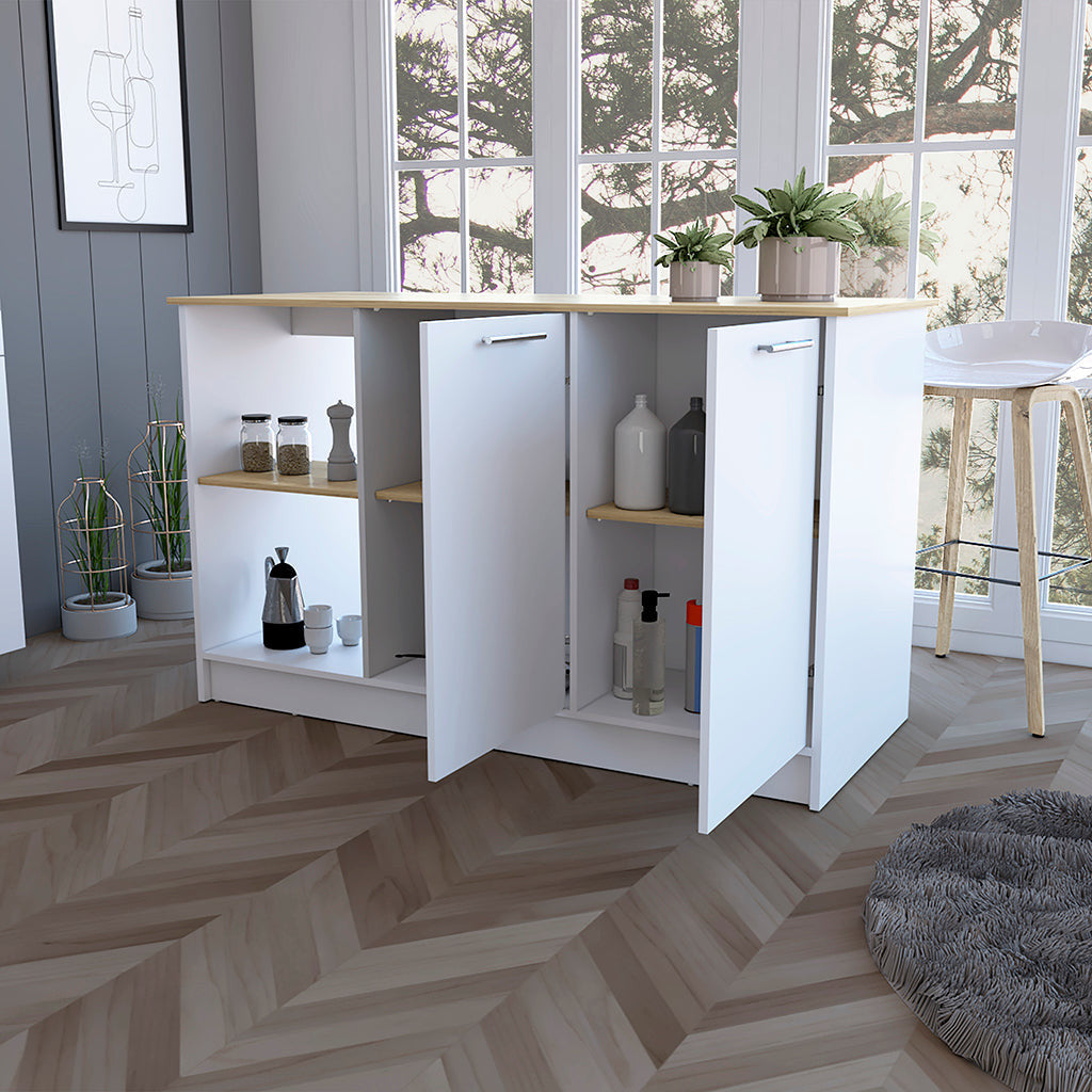 White and Oak 59" Kitchen Island With Storage