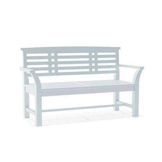 Sakura 2-seater teak bench in semi-gloss white finish with curved armrests and slatted seat