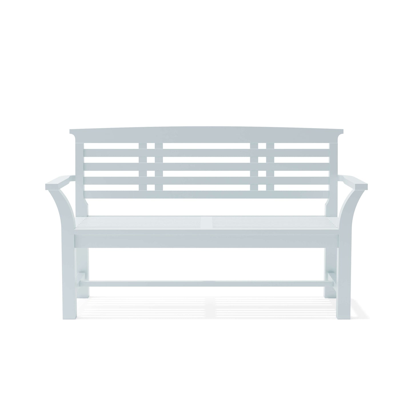 Front view of Sakura bench showing contoured seat and waterproof white paint finish